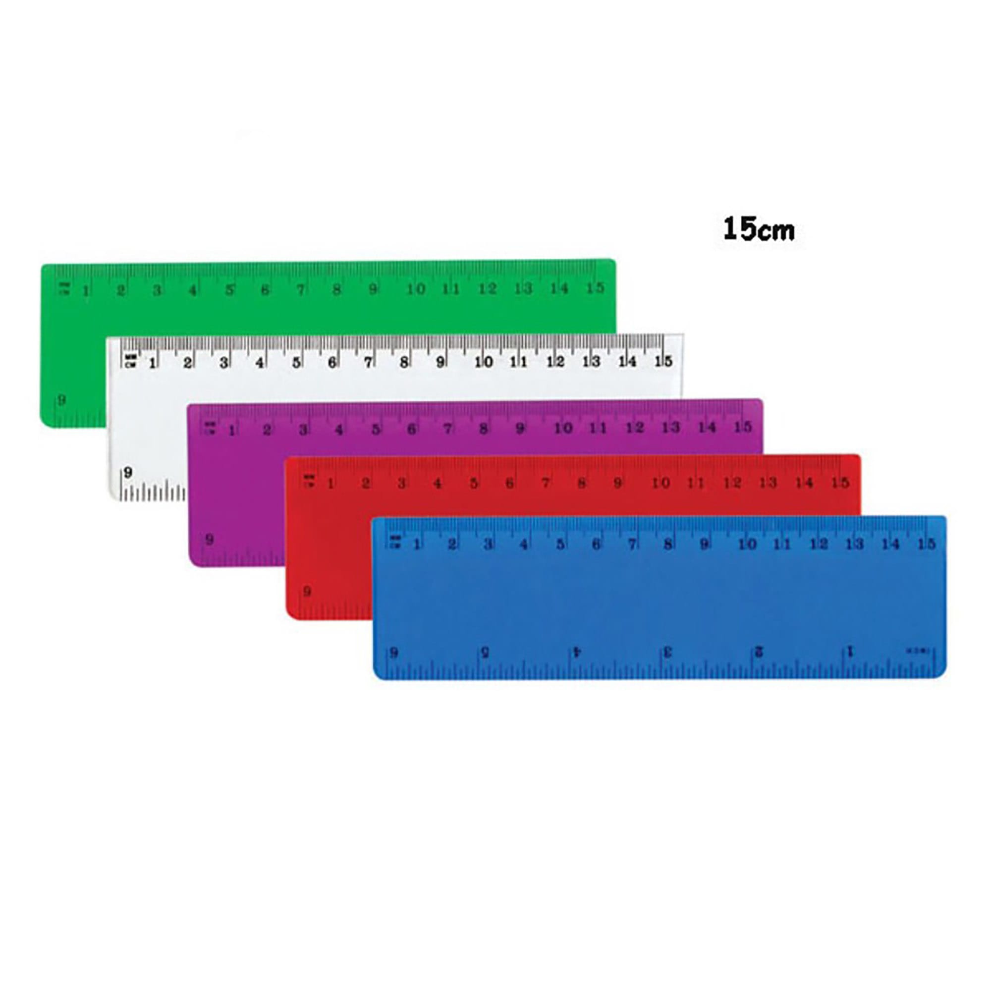 A 15cm ruler set featuring green, white, purple, red, and blue rulers, each with measurement markings. 15cm Ruler - Image 1