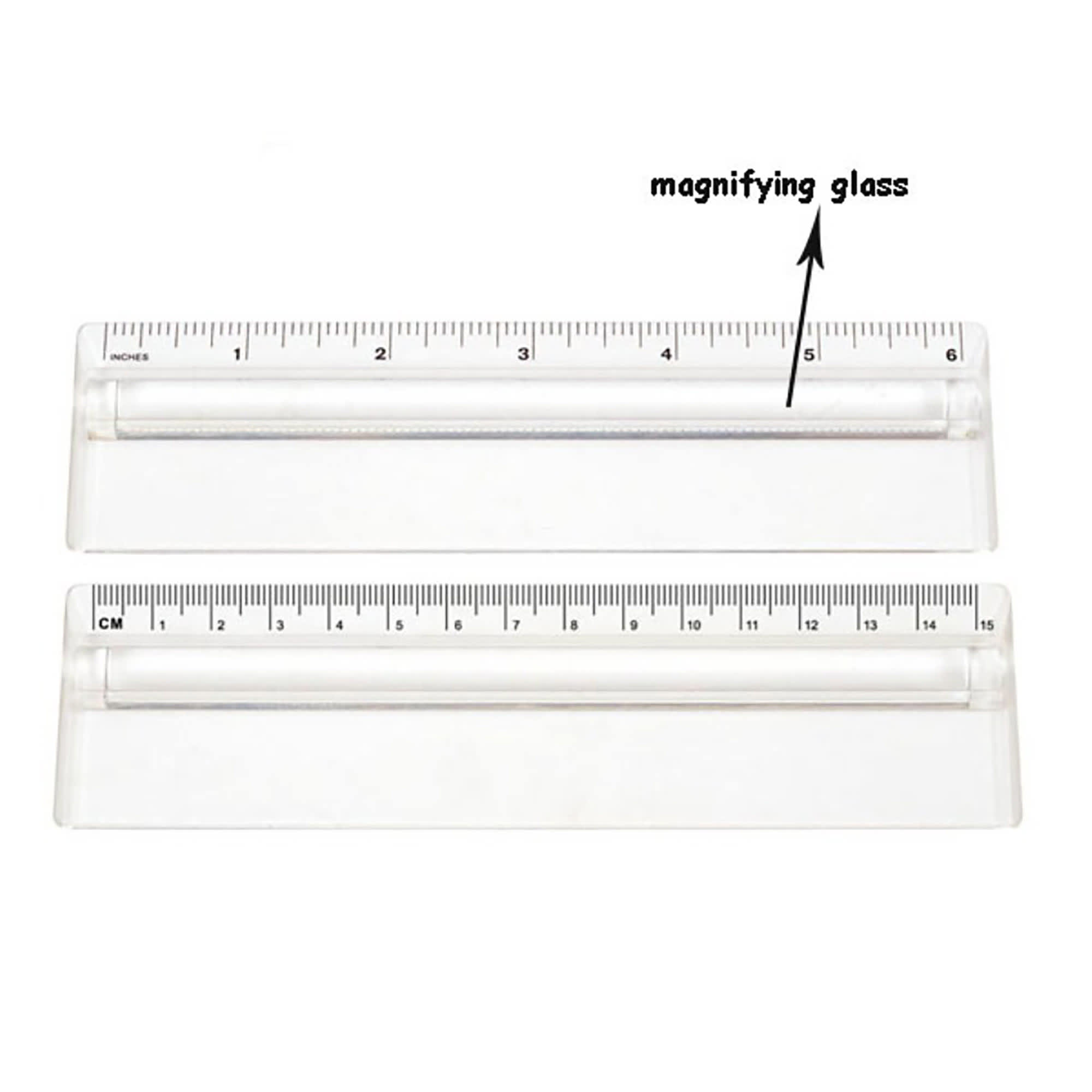 A transparent 15cm ruler featuring a magnifying glass, with clear measurement markings in centimetres and inches. 15cm Ruler Magnifying - Image 1