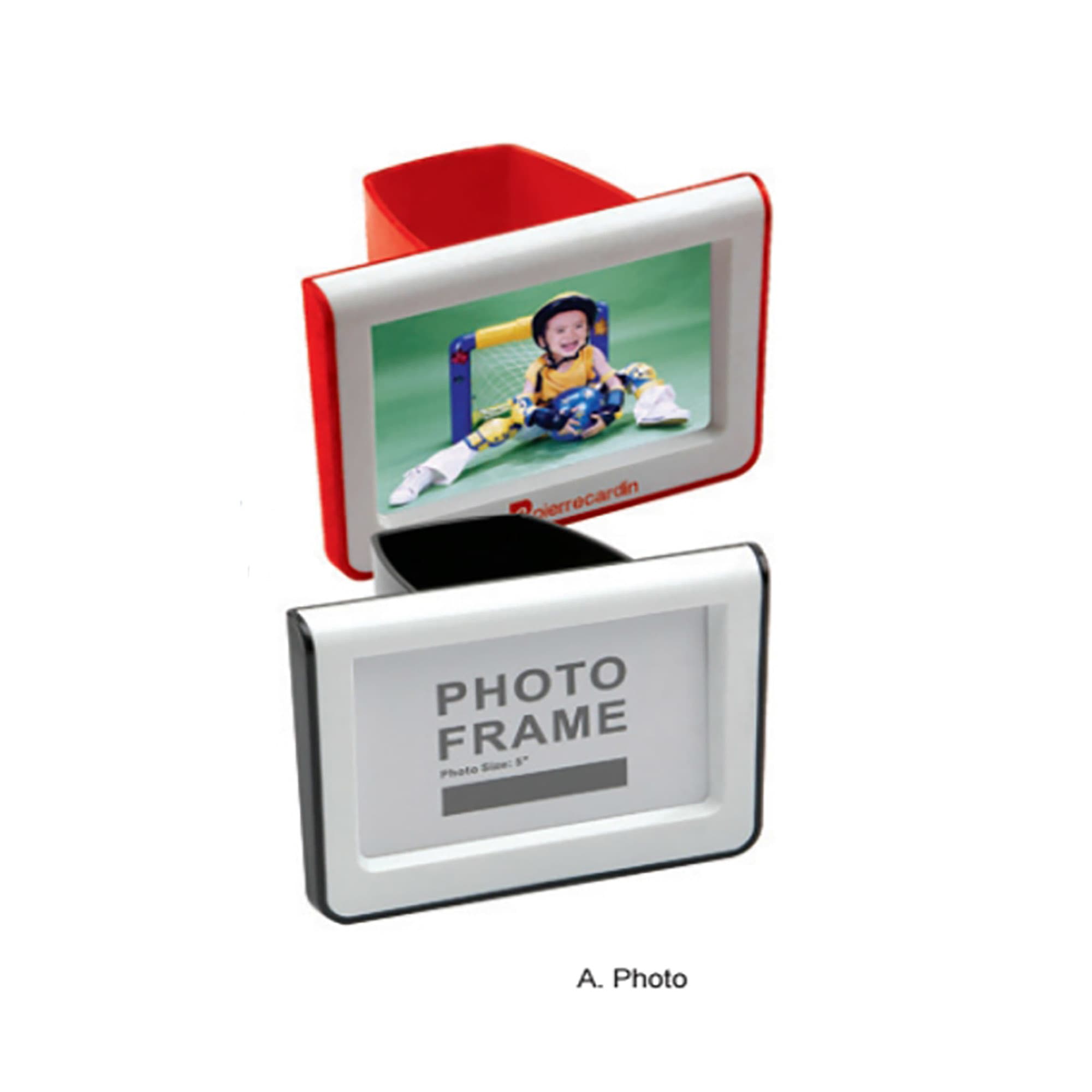 A pen holder with a photo frame design, featuring red and white colours, and space for a photograph. Pen Holder with Photo Frame - Image 1