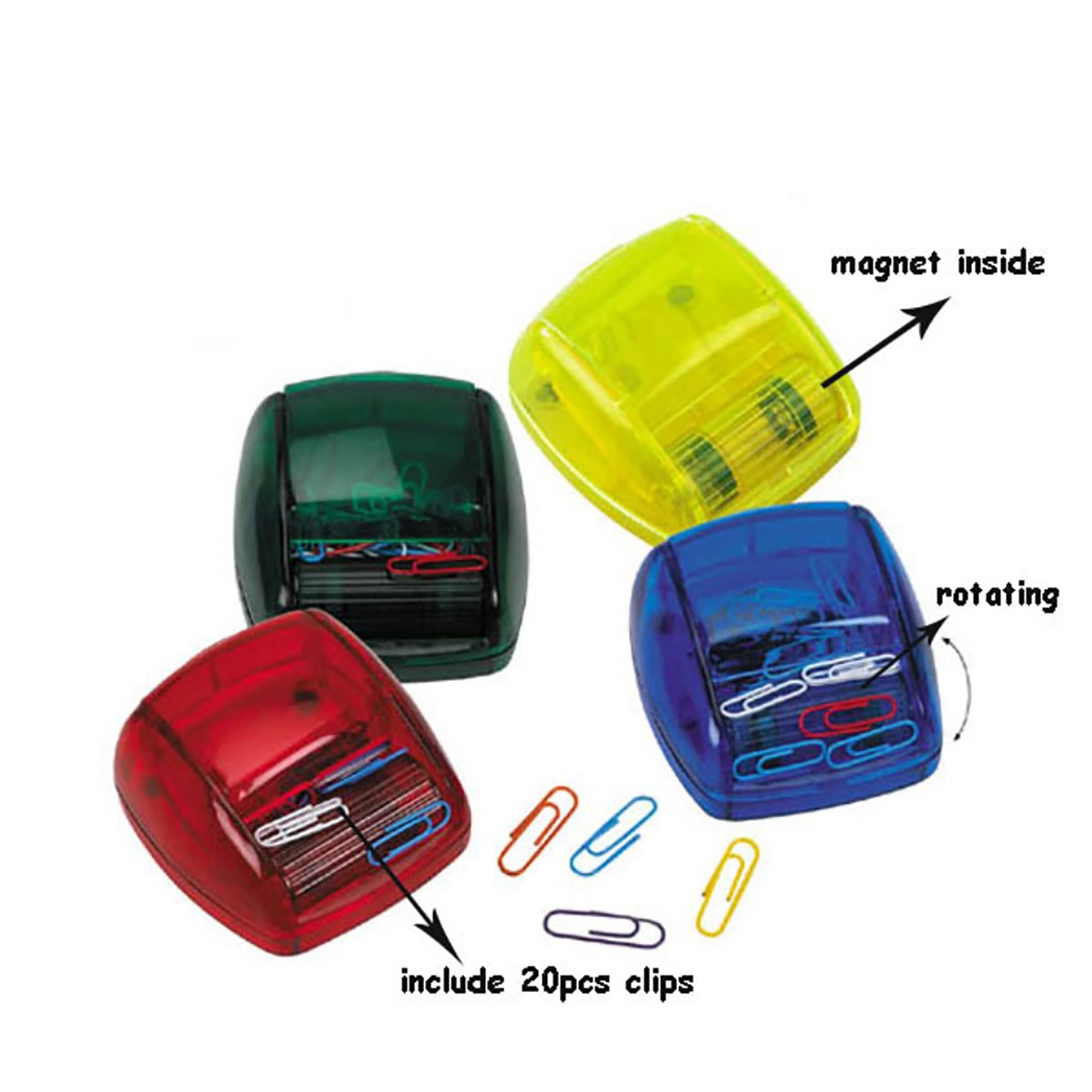 A set of Clip Dispensers in red, green, blue, and yellow, each containing paper clips and featuring a magnet. Clip Dispenser - Image 1