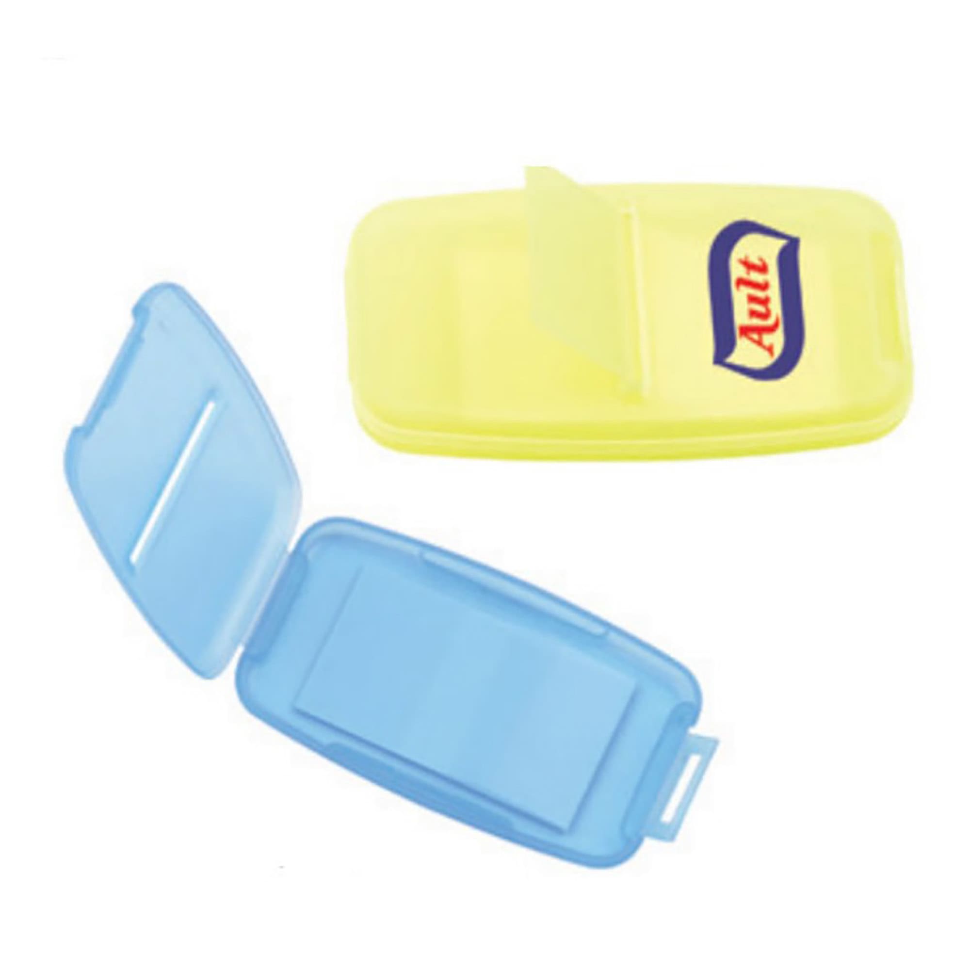 A yellow and blue sticky notes holder with two compartments, featuring a logo on the front. Sticky Notes - Image 1