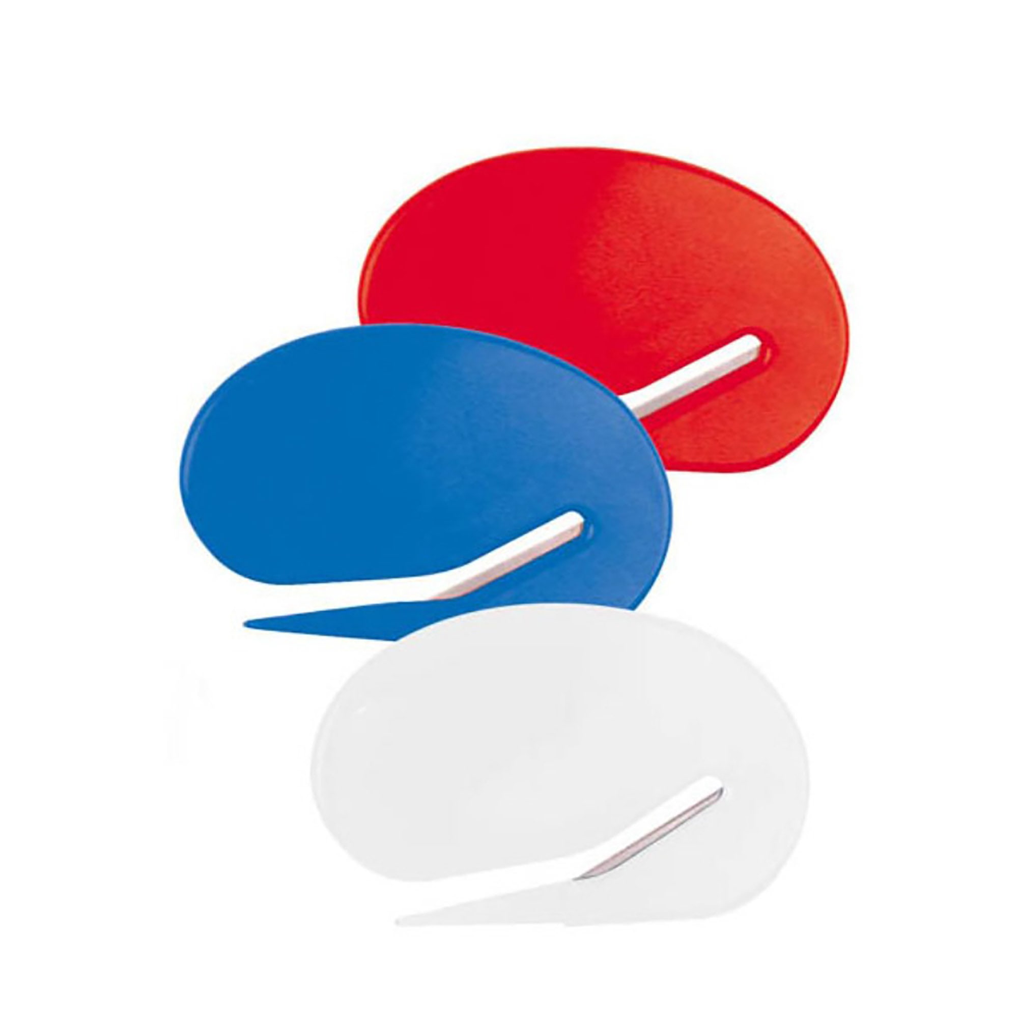 A set of three letter openers in red, blue, and white with a sleek, curved design and metal blades. Letter Opener - Image 1