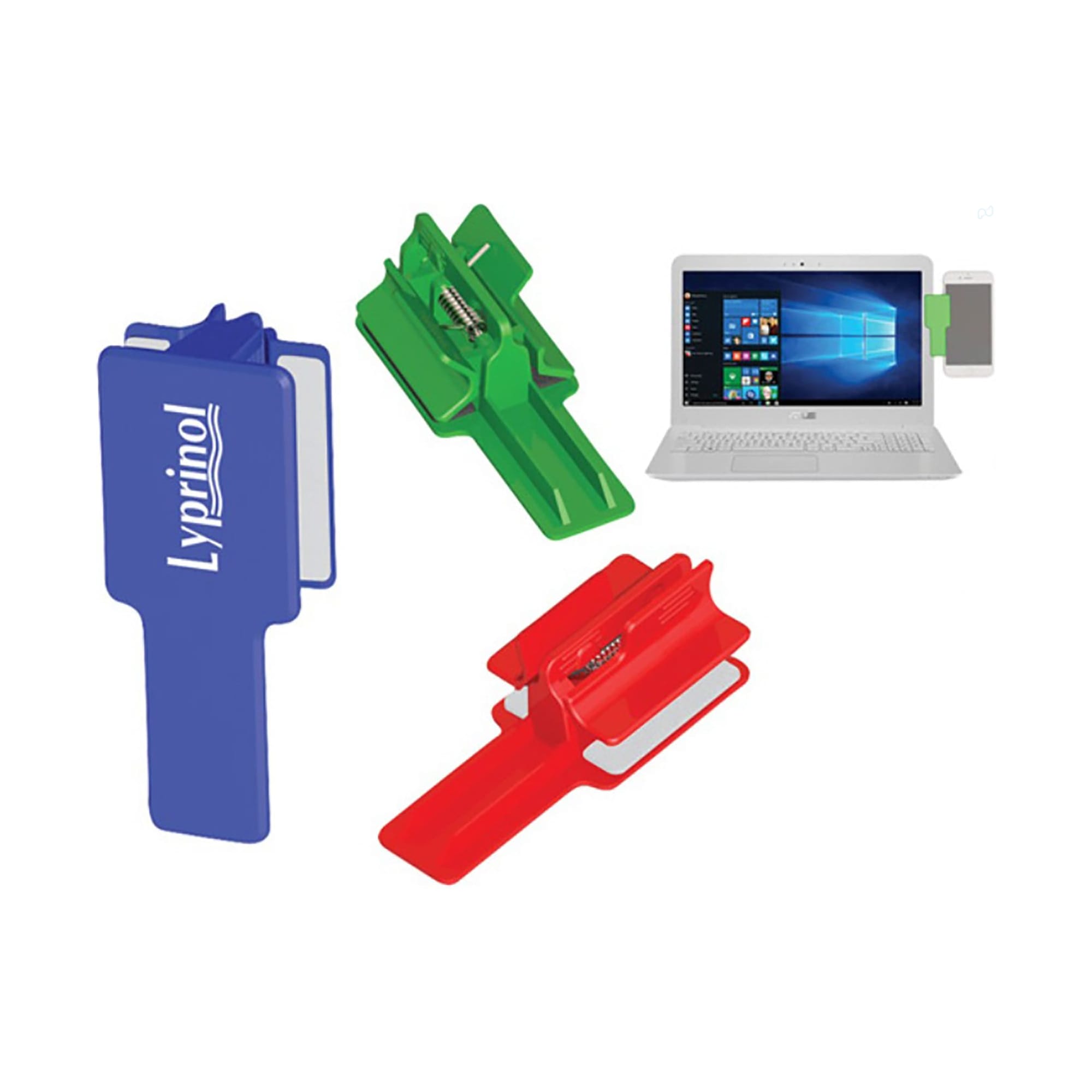 A mobile holder in blue and green, designed to attach to devices, featuring a logo on one side. Mobile Holder - Image 1