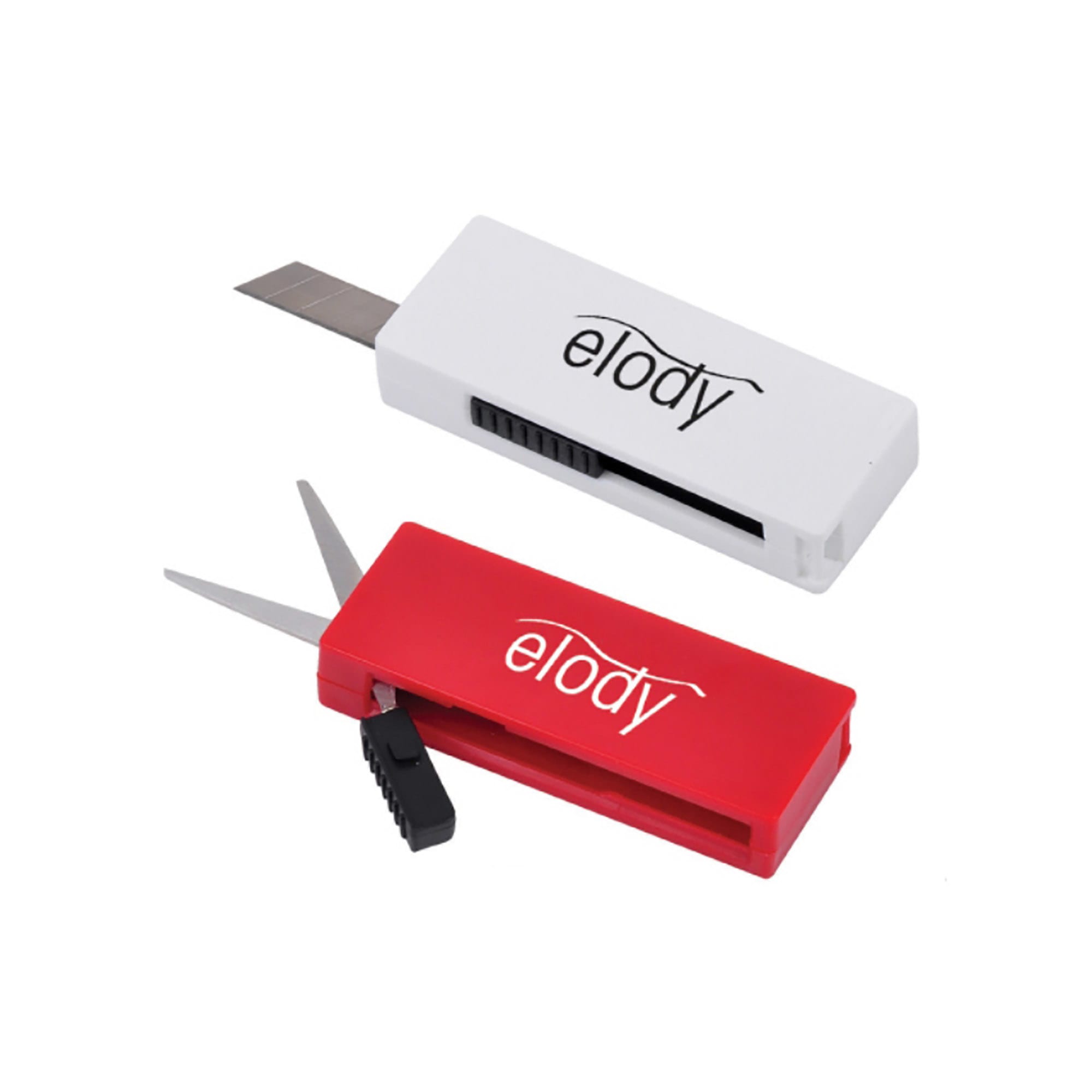 A white and red dual-function tool with a blade and scissors, featuring a logo on each item. Scissors - Image 1