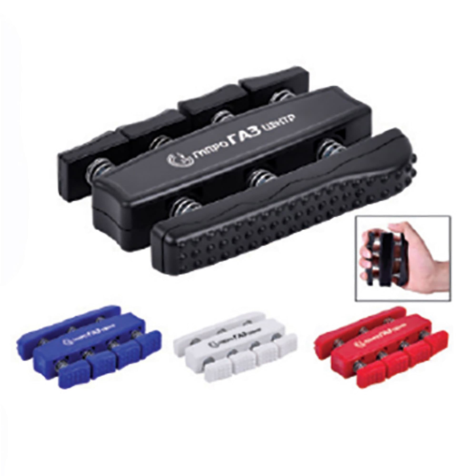 A black writing tool with colourful grips in red, blue, and white, featuring multiple rollers and a branded logo. Wrist Developer - Image 1