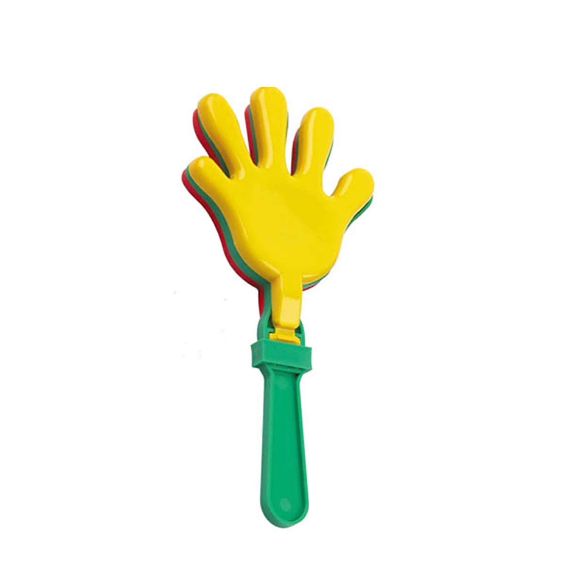 A novelty hand clapper in bright yellow with a green handle, featuring layered colours for added fun. Hand Clapper - Image 1