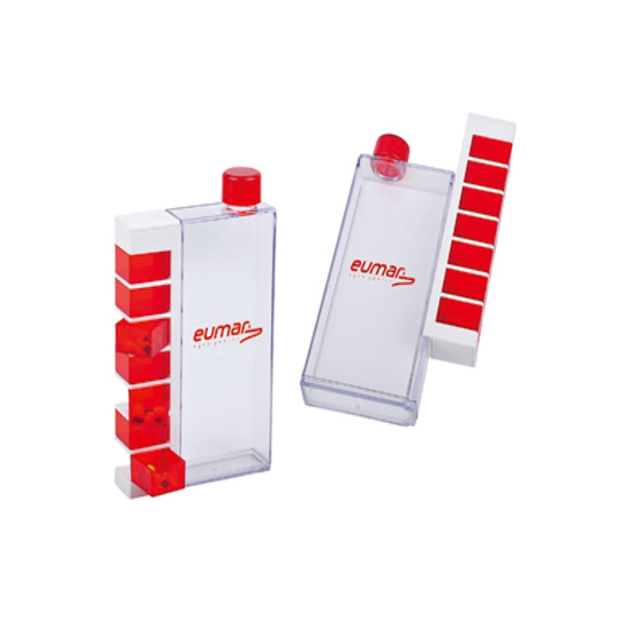 A clear drink bottle with a red cap and a white pillbox integrated on the side. The bottle features a logo. Bottle with Pillbox - Image 1