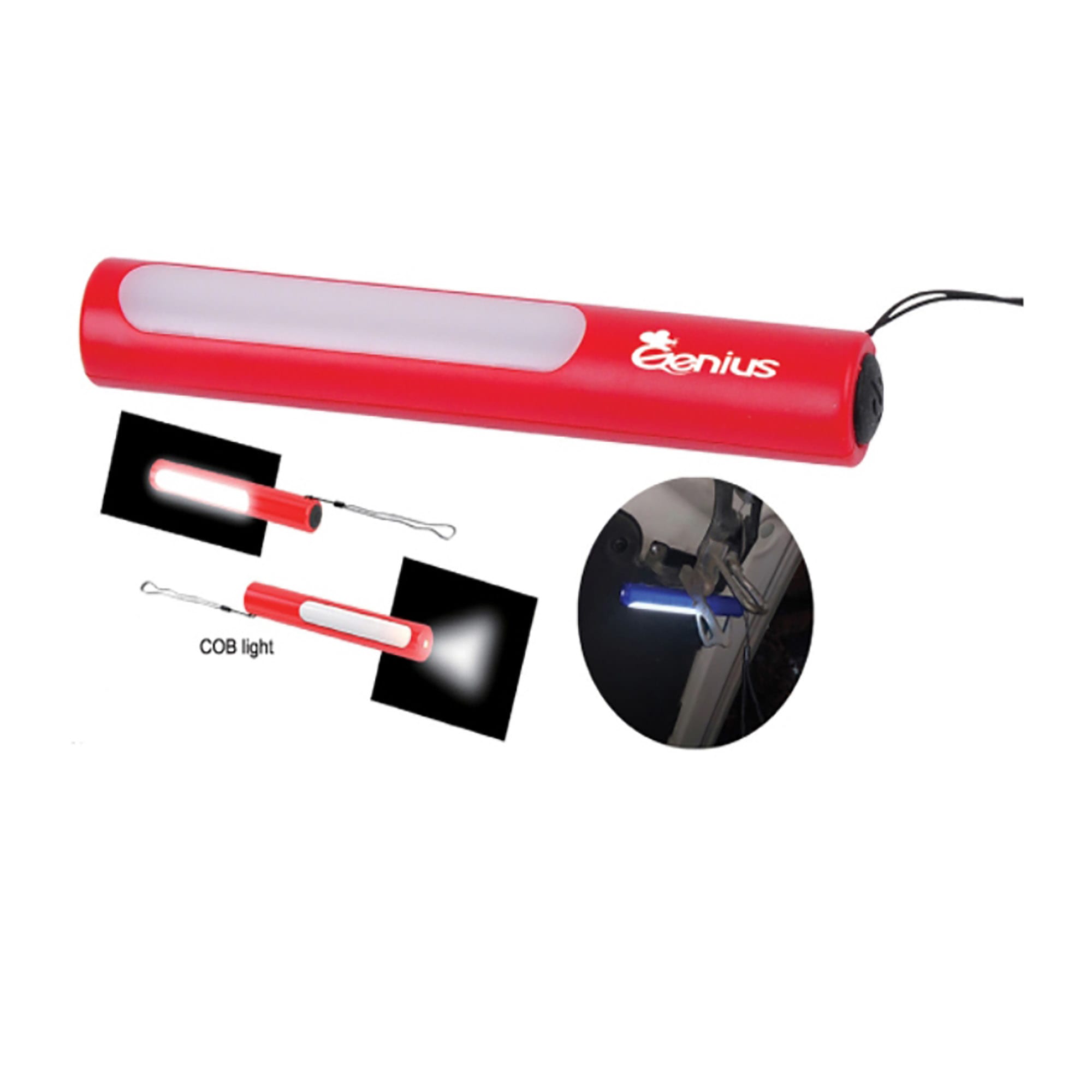 A red COB light with a white front panel, features a hook, and has a logo on one side. COB Light - Image 1