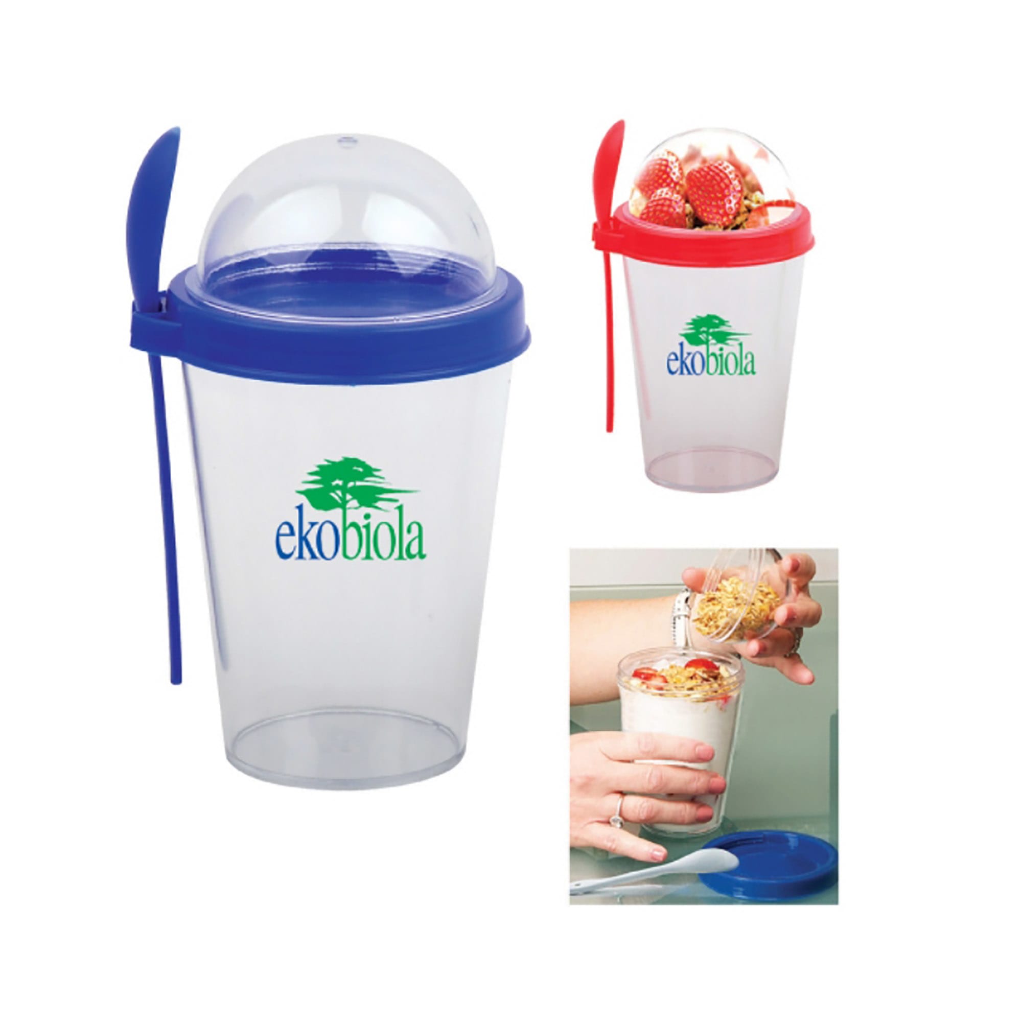 A drink bottle featuring a transparent body, blue lid, and a red spoon, with a logo present. Milkshake Bottle - Image 1
