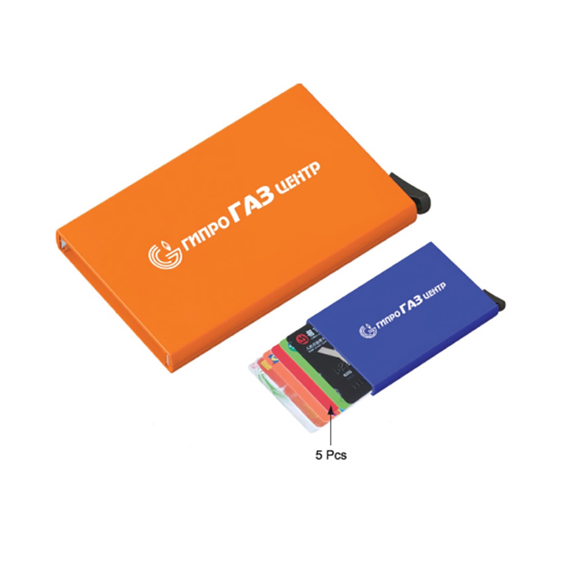 An orange RFID car holder with a blue insert, designed to hold credit cards and features a branding logo. RFID Car Holder - Image 1