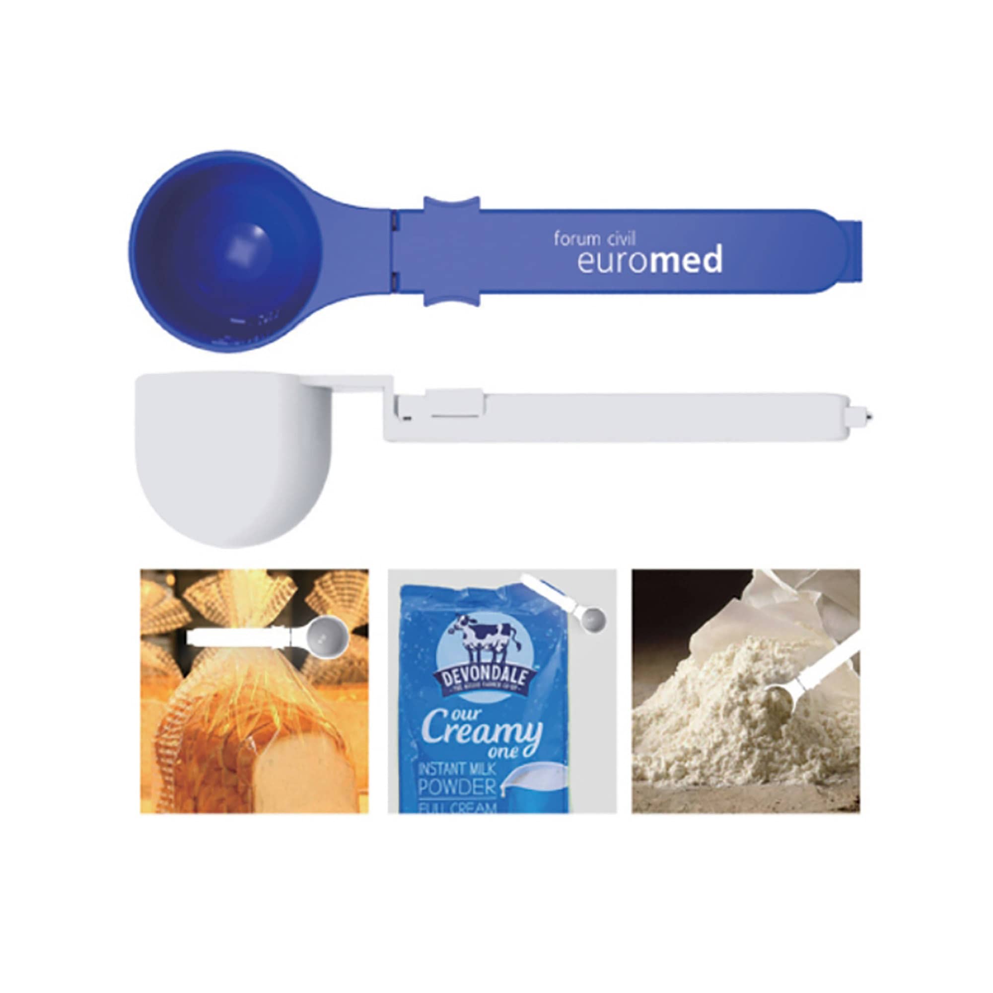 A measuring spoon in blue and white, featuring a logo, alongside images of food packaging and flour. Measuring Spoon - Image 1