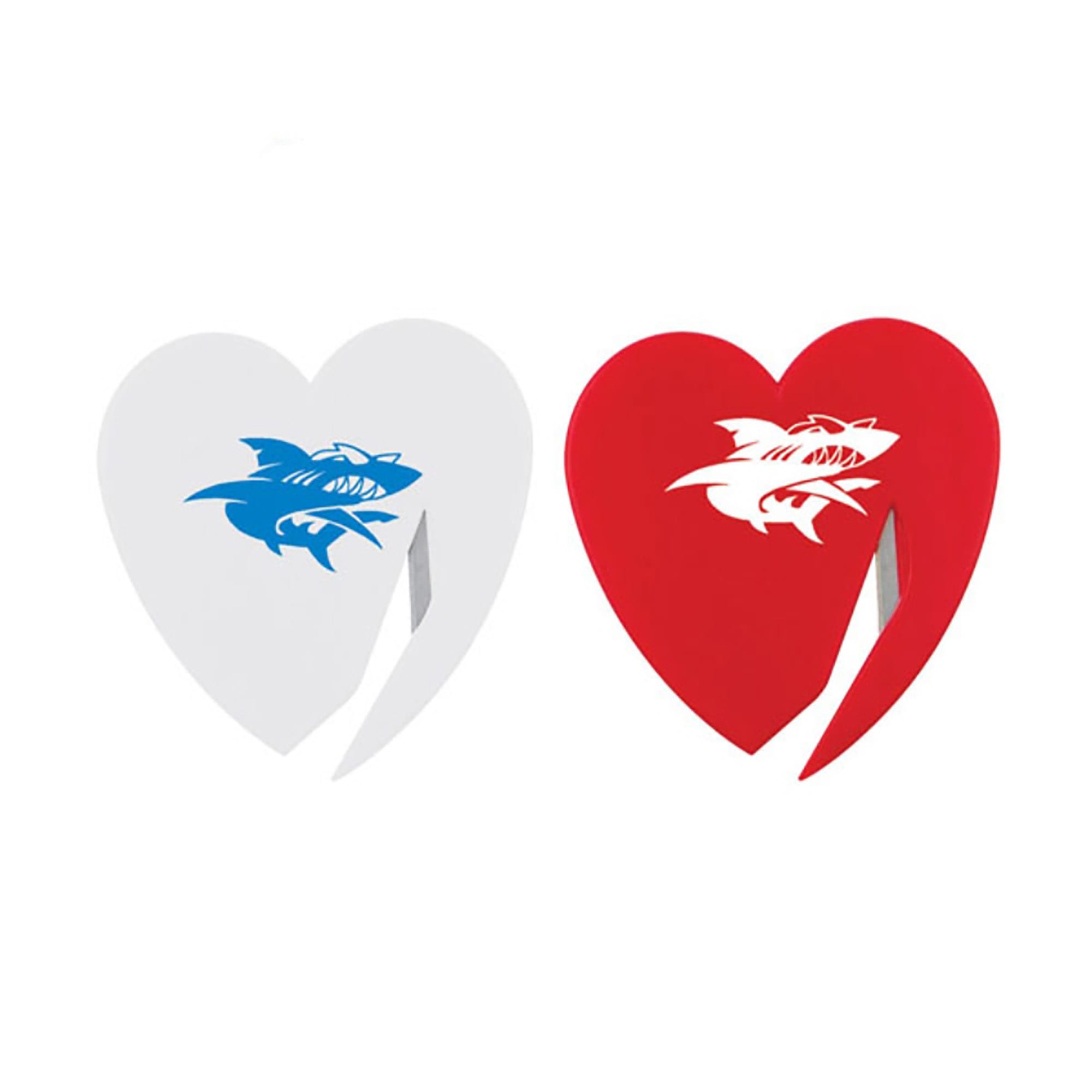 A heart-shaped letter opener set featuring a white and red design with a shark logo on each. Letter Opener - Image 1