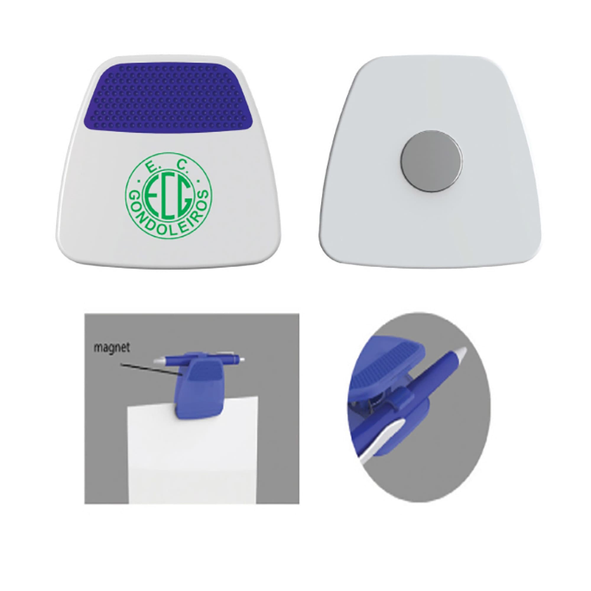 A white and blue cable tidy featuring a magnet and a clip attachment for securing cables. Clip - Image 1