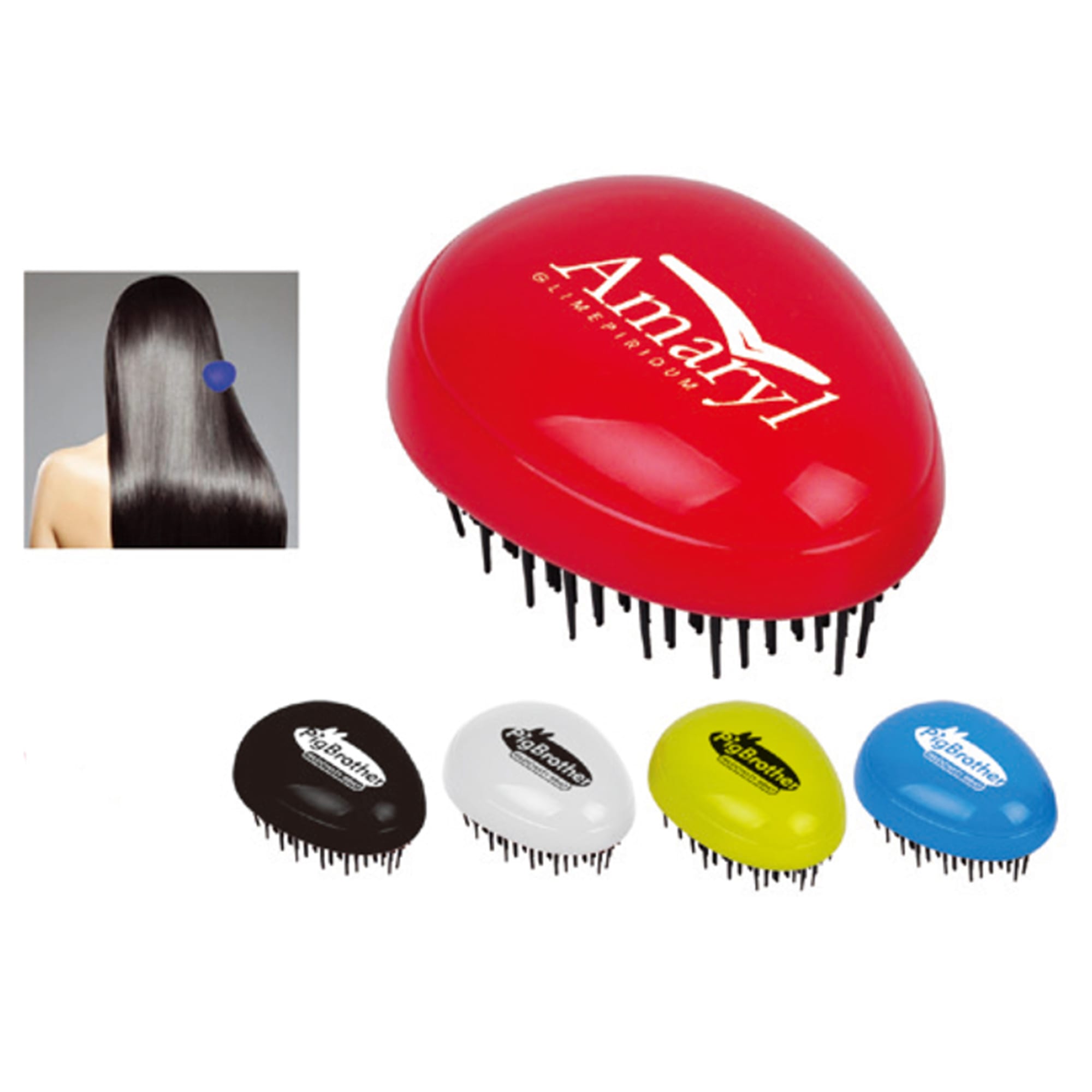 A red hair comb with a logo, displayed alongside black, white, yellow, and blue versions. Comb - Image 1