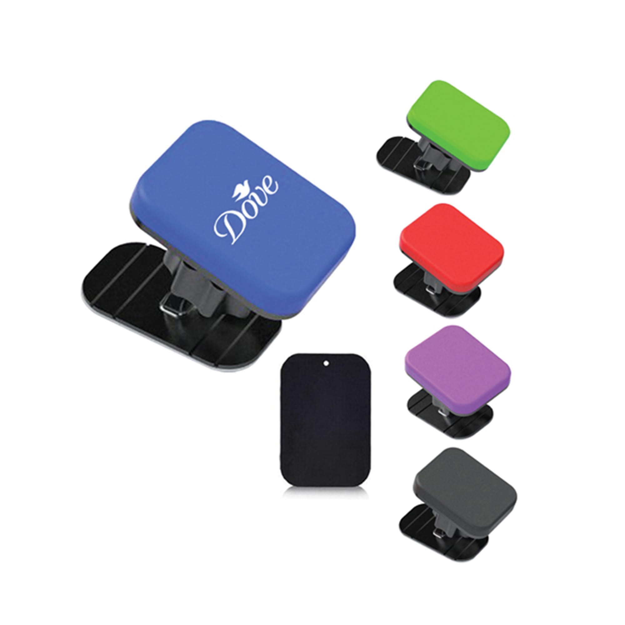 A mobile phone holder in blue, black, red, green, and purple with a branded logo. Mobile Stand In Car - Image 1