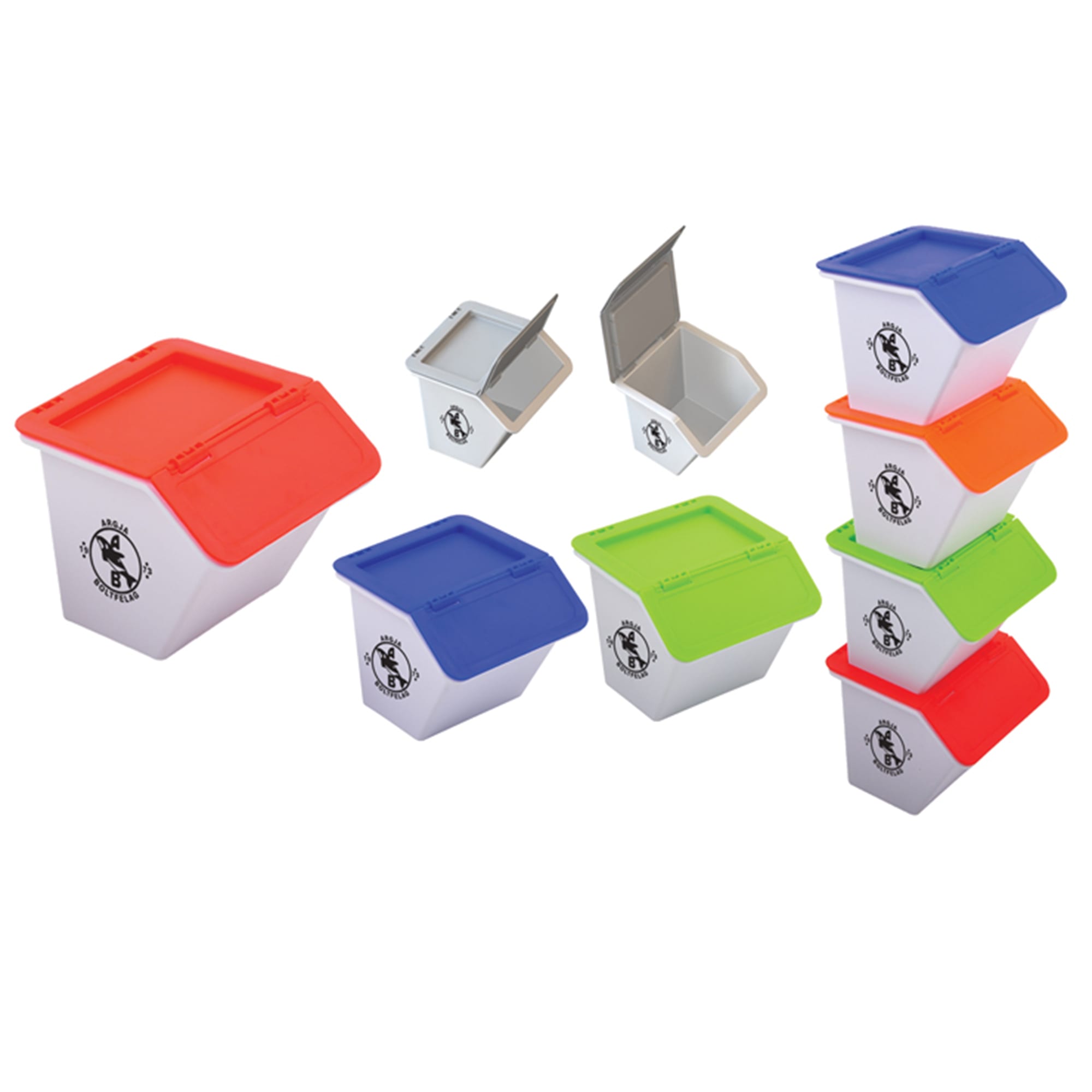 A set of desk organisers in white with assorted coloured lids: red, orange, green, and grey, featuring a logo. Desk Organizer - Image 1
