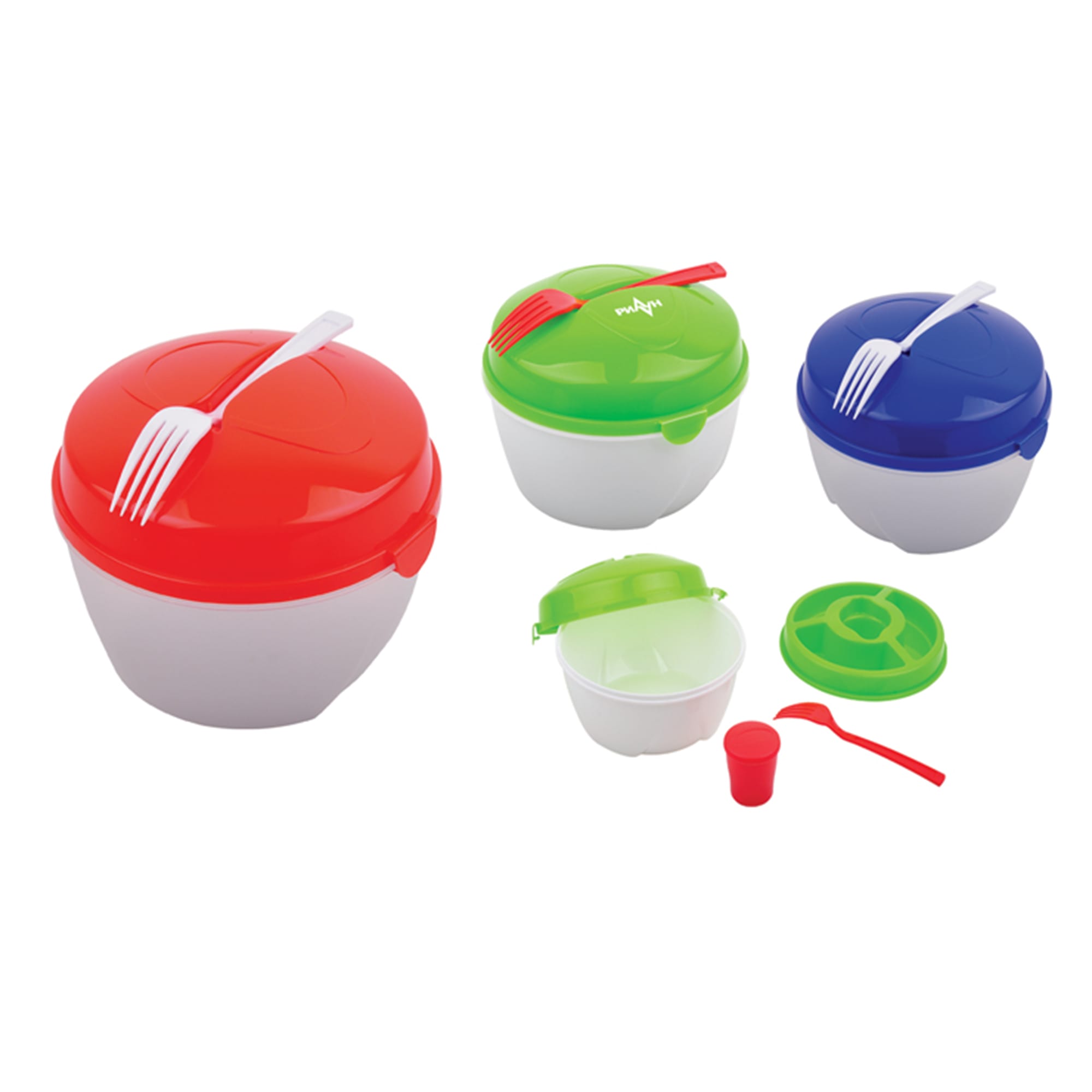 Three lunch boxes in red, green, and blue, each with a lid and fork, featuring an additional container and measuring cup. Lunch Box - Image 1