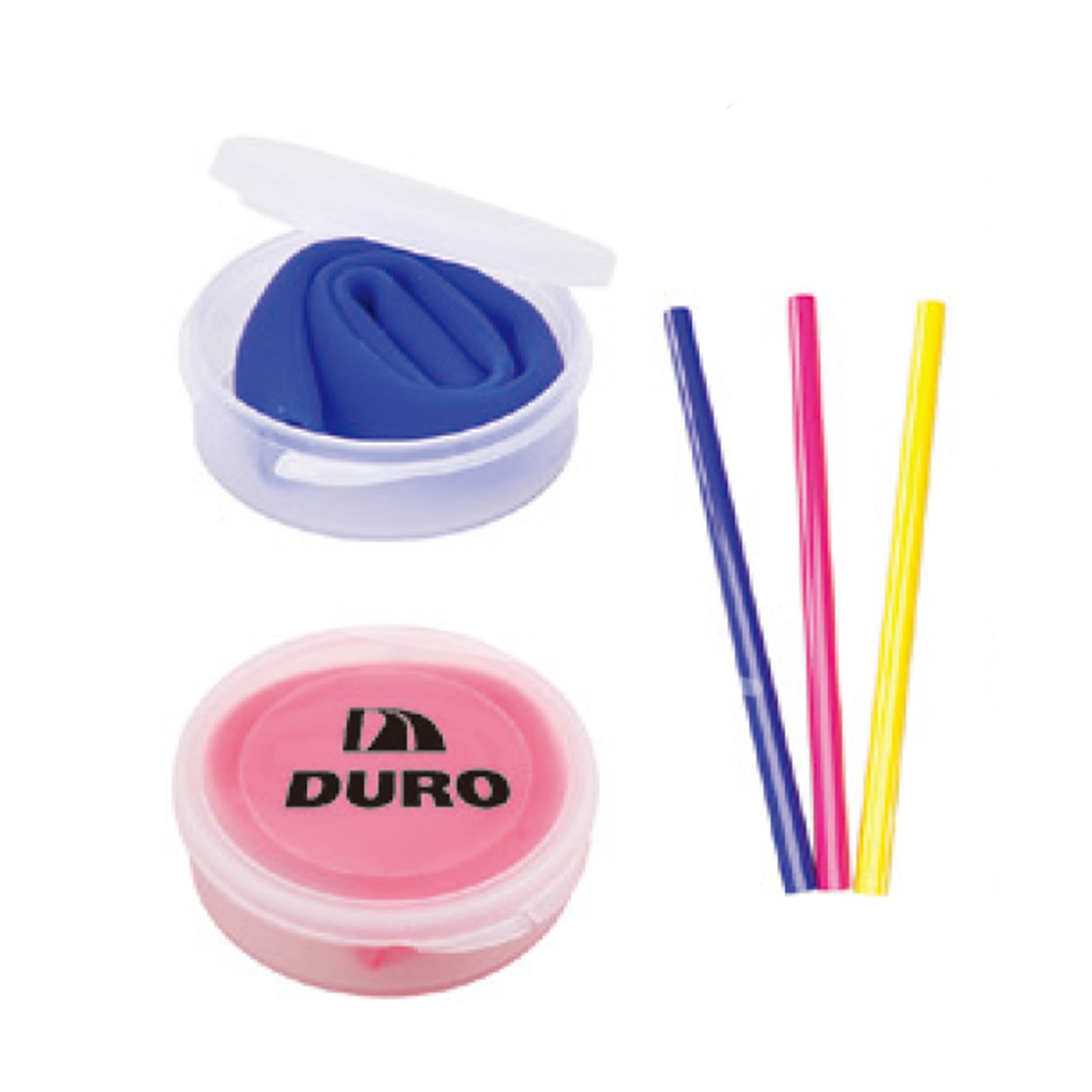 A drink bottle featuring three colourful drinking straws in pink, yellow, and blue, alongside a purple silicone storage container. Straw Set - Image 1