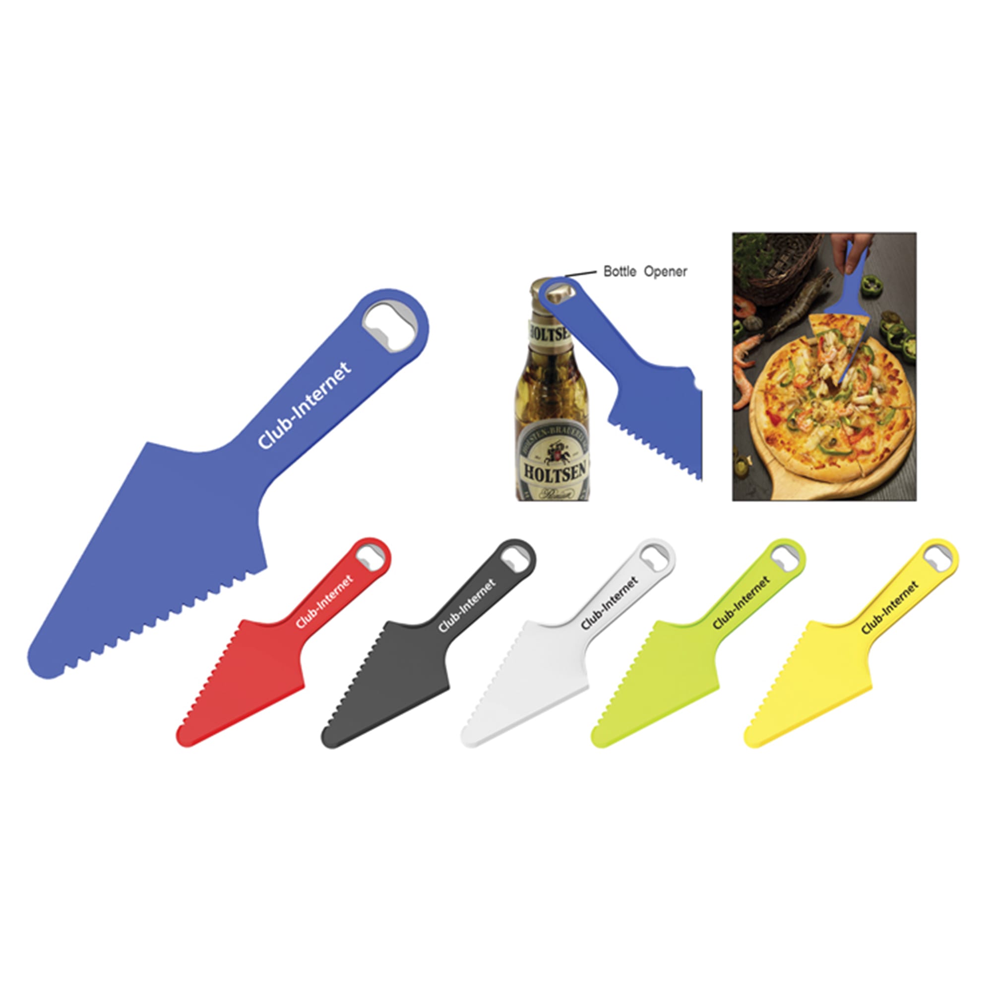 A set of pizza cutters in blue, red, black, white, and green, featuring a bottle opener and logos. Pizza Cutter - Image 1