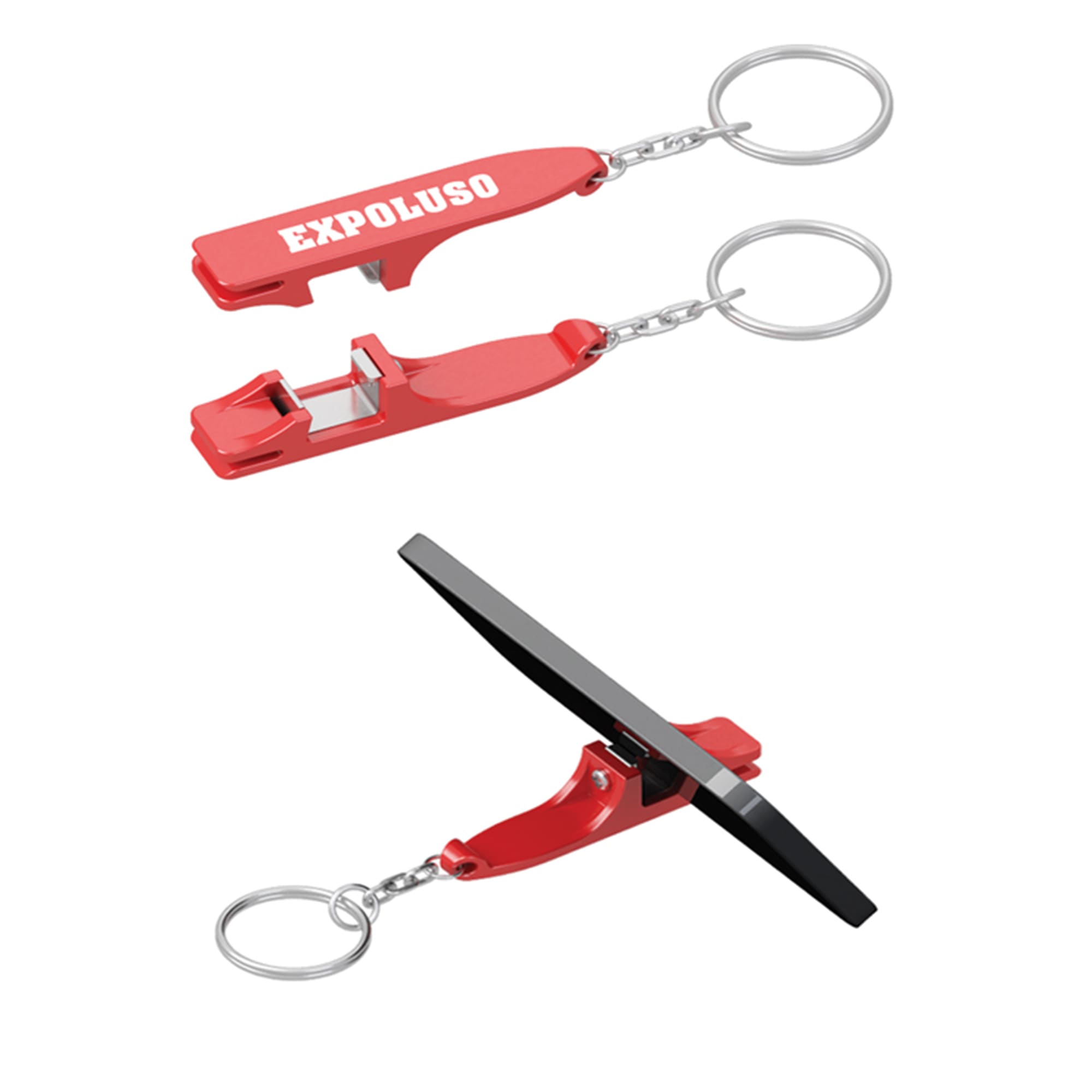 A red mobile stand with a built-in bottle opener, featuring a keyring attachment, and a black stand component. Mobile Stand With Bottle Opener - Image 1