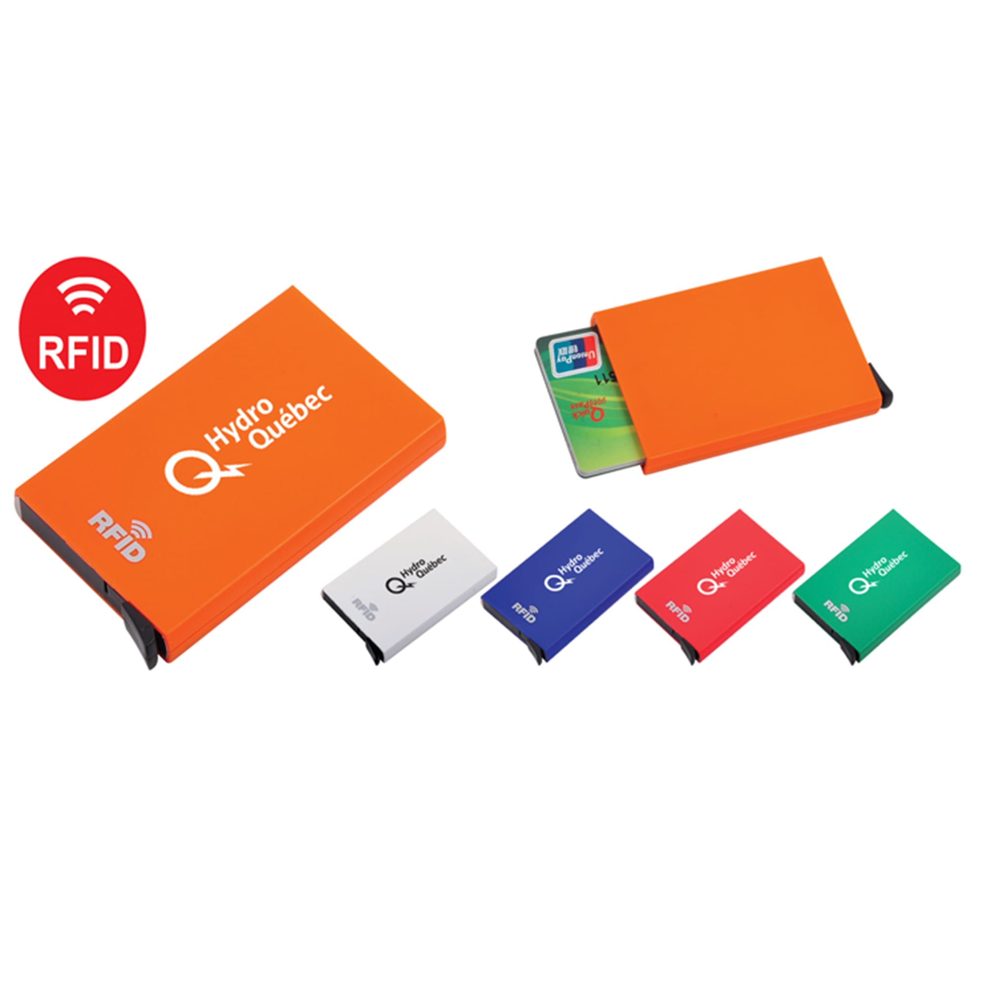 An orange RFID card holder with multiple coloured card slots, featuring a logo on the front. RFID Card Holder - Image 1