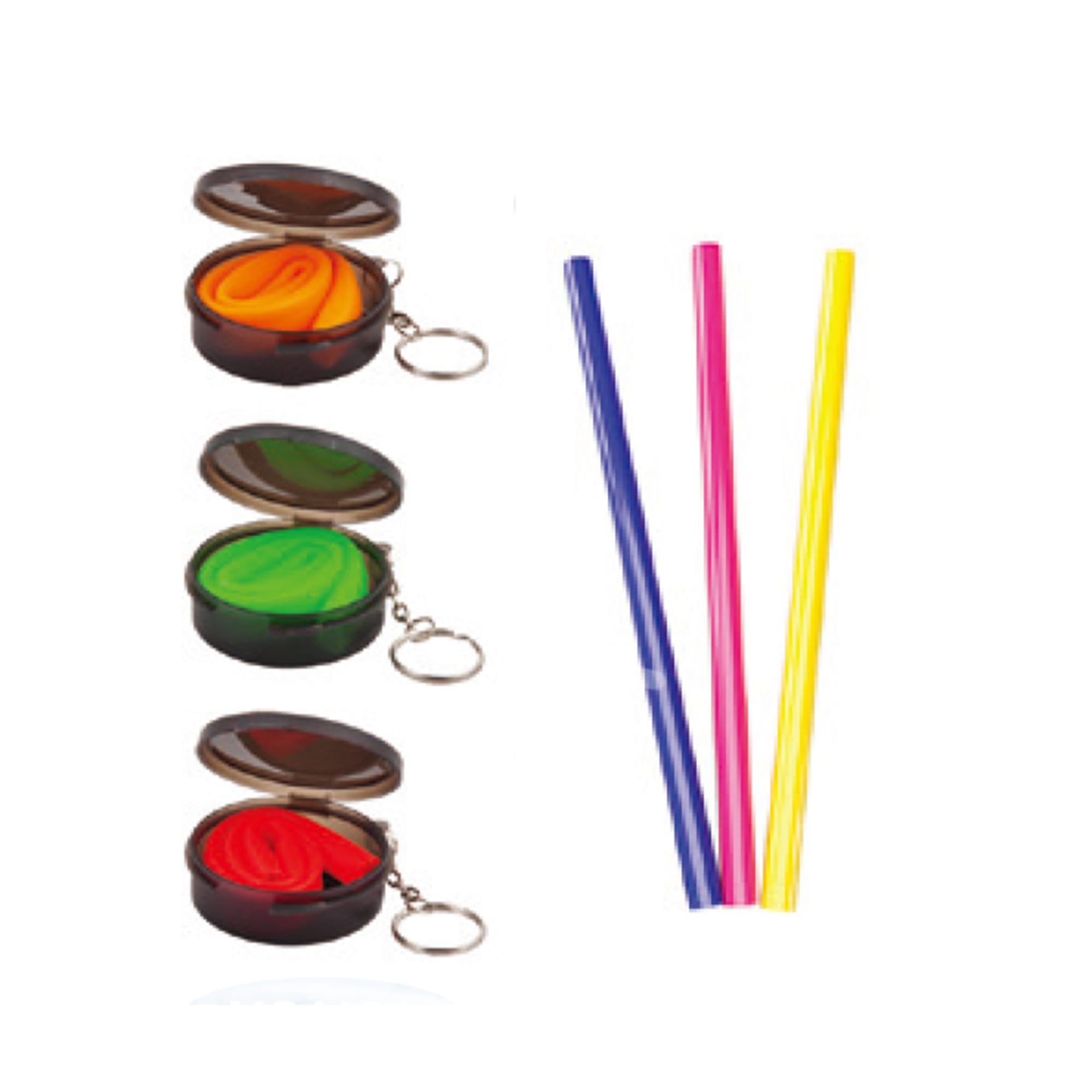 A set of drinking straws in pink, yellow, and blue, with a compact case including red, green, and orange straws. Straw Set - Image 1