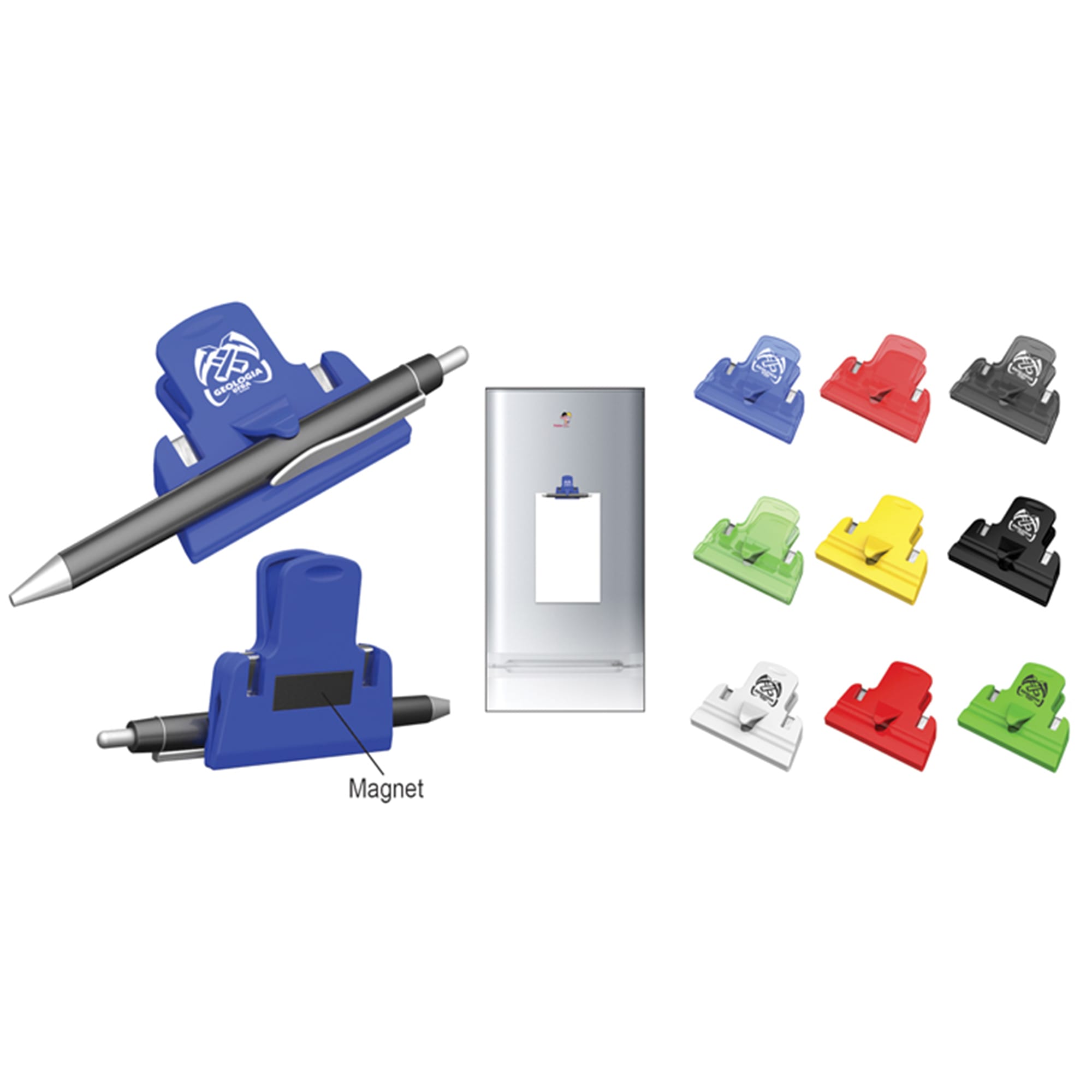 A multifunctional clip in blue with a pen, alongside various coloured clips including red, green, yellow, black, and white. Clip - Image 1