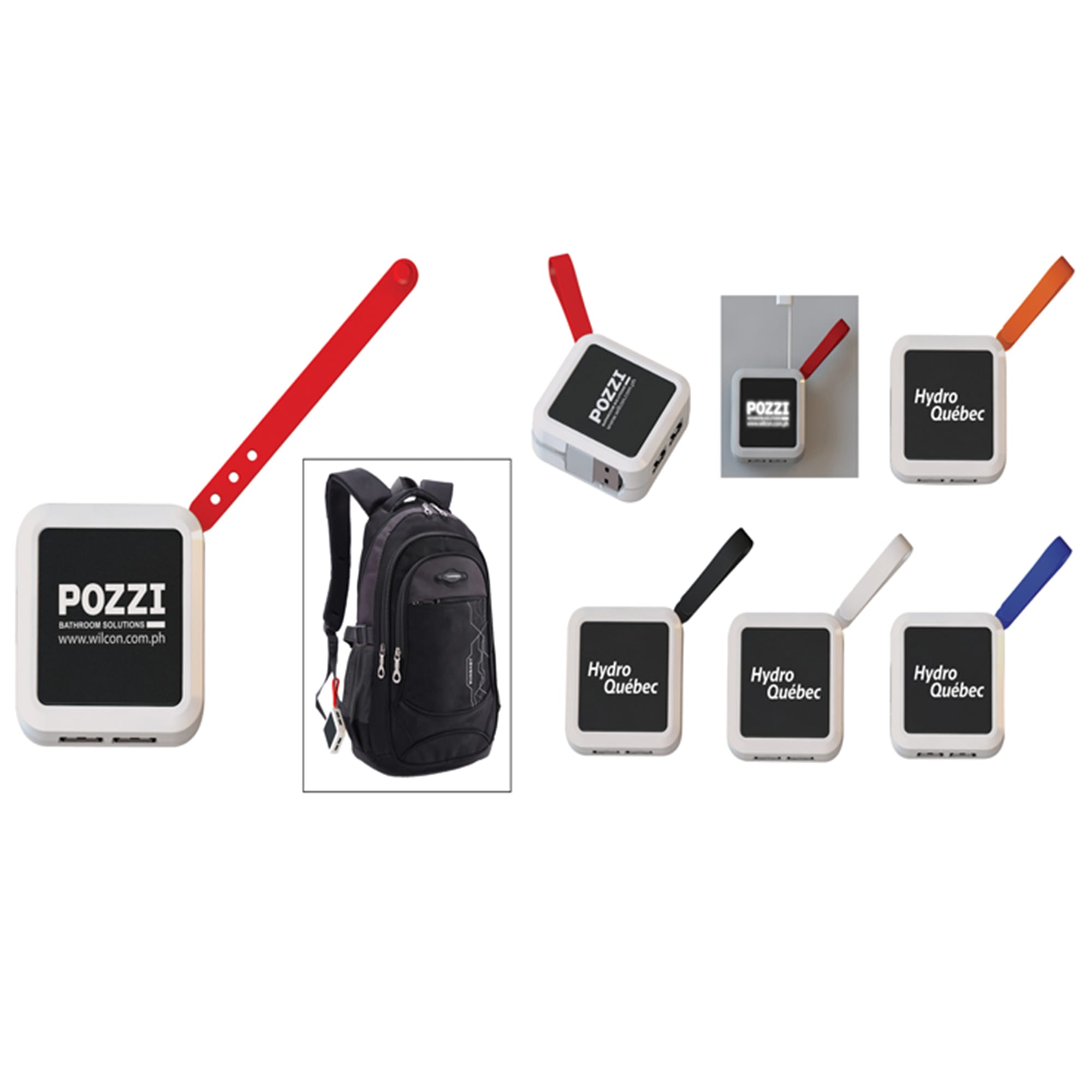 A USB hub with various coloured straps, featuring a logo on a white body. A black backpack is also included in the image. USB Hub - Image 1