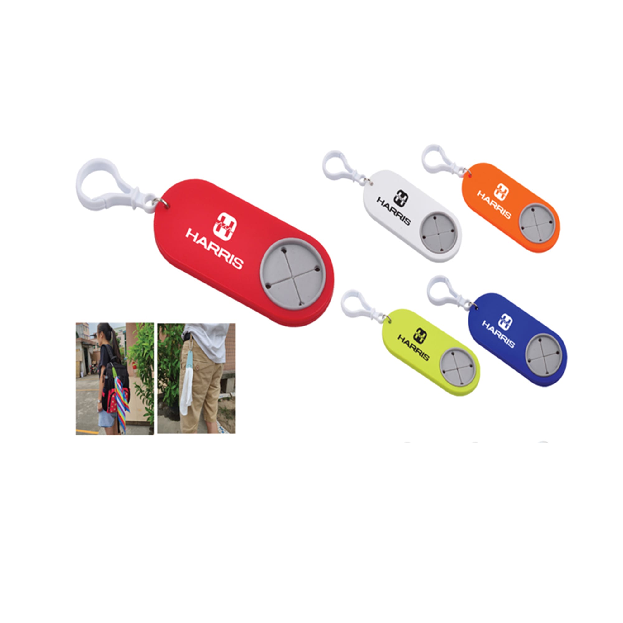A set of towel holders in red, white, green, orange, and blue, featuring an attached clip and a logo. Towel Holder - Image 1