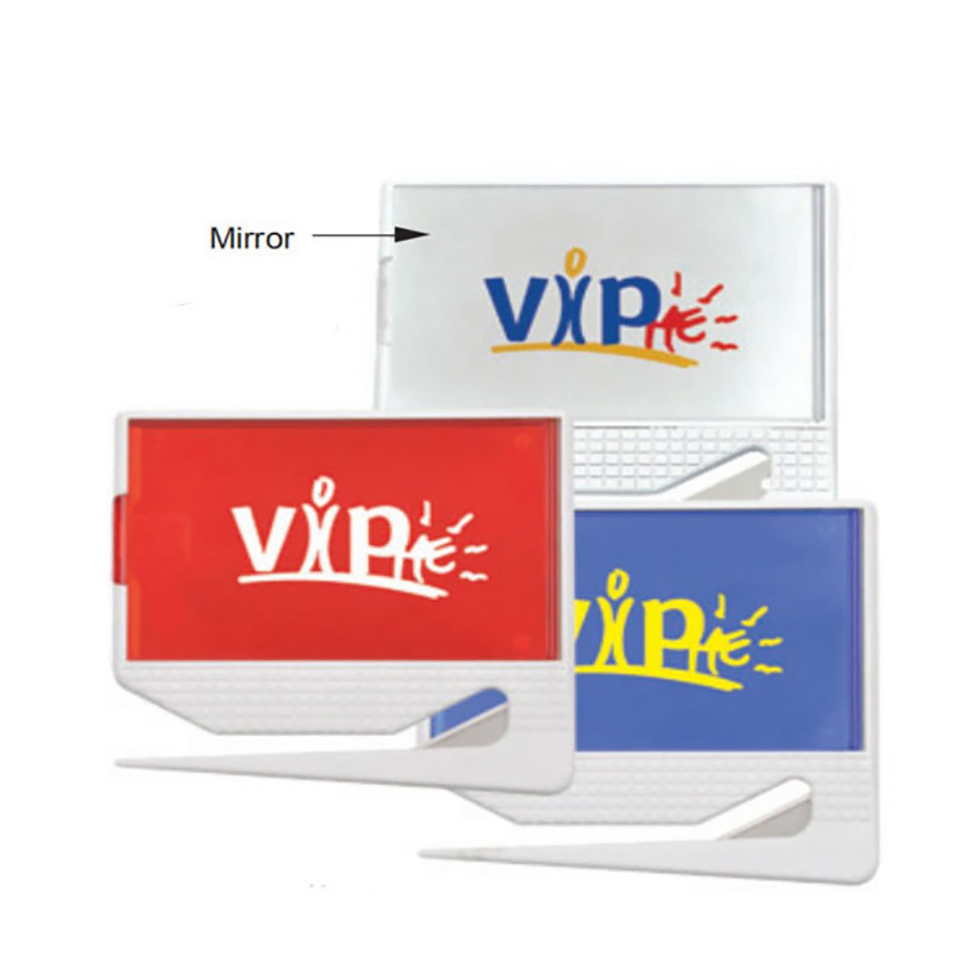 A letter opener featuring a mirror, available in red, blue, and white, with a logo on each. Letter Opener with Mirror - Image 1