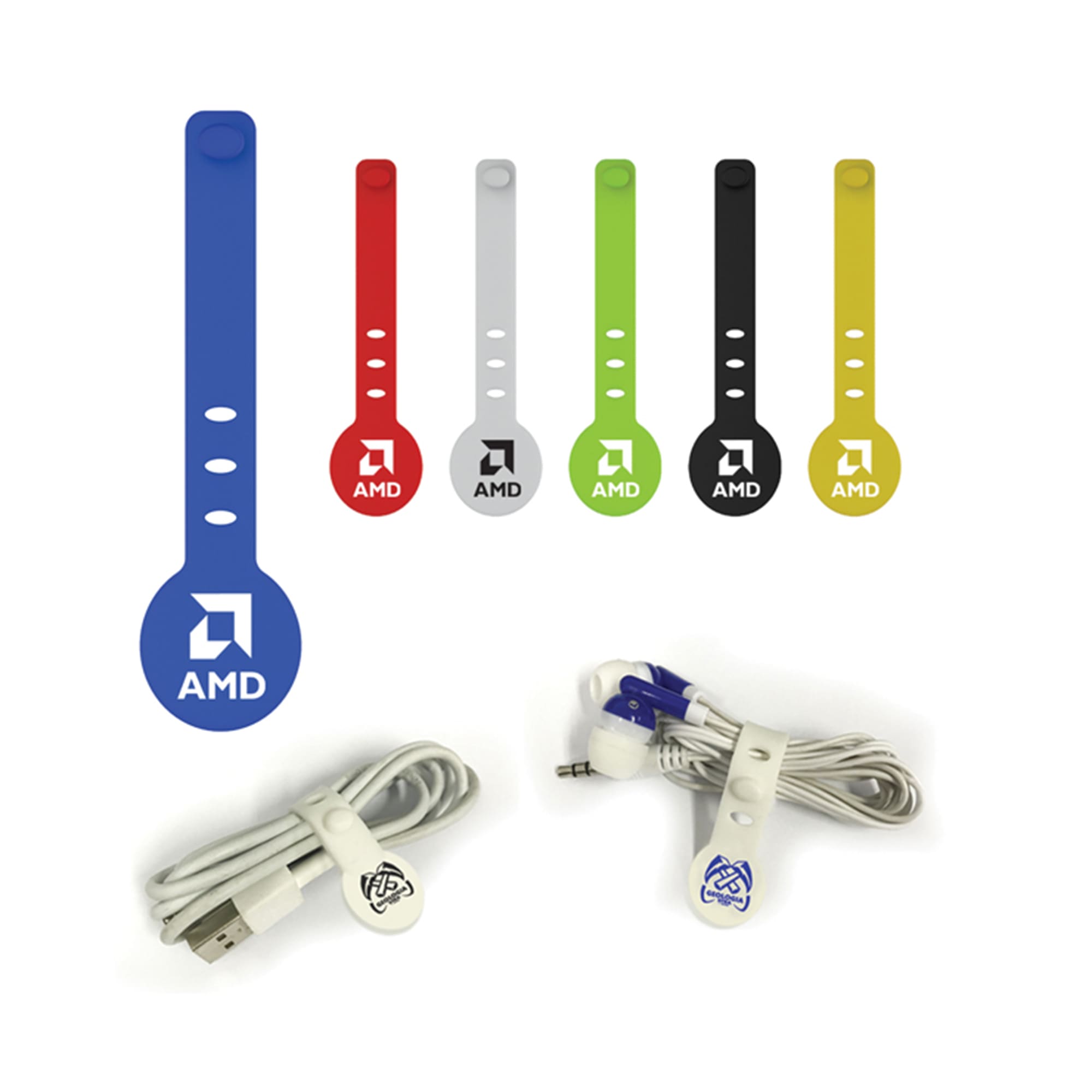 A collection of cable organisers in blue, red, grey, green, black, and a white USB cable with clips. Each organiser features a logo. Cable Organizer - Image 1