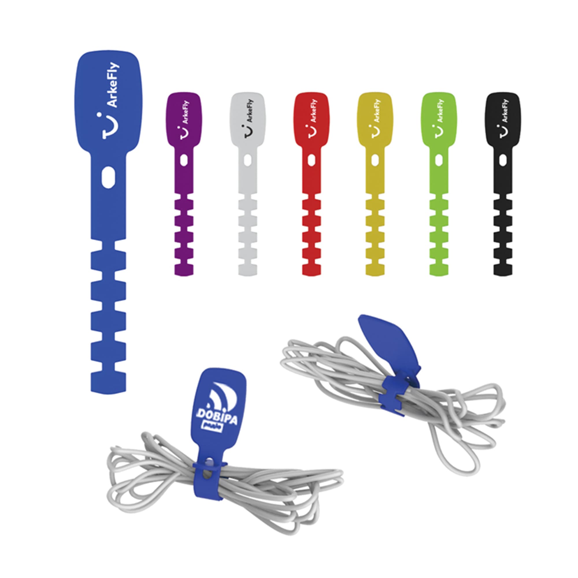 A set of multi-coloured cable organisers in blue, purple, red, green, black, and white for tidying cords. Cable Organizer - Image 1