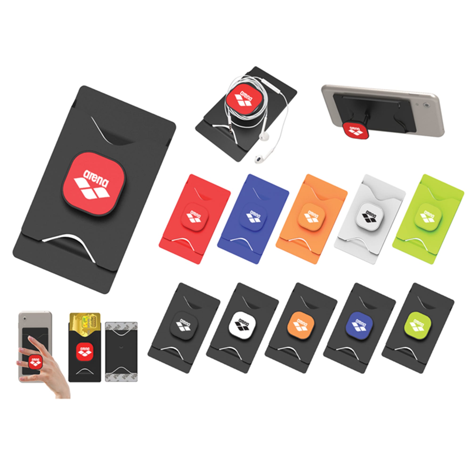 A selection of mobile stands and card holders in various colours including black, blue, orange, green, white, and red. Mobile Stand and Card Holder - Image 1