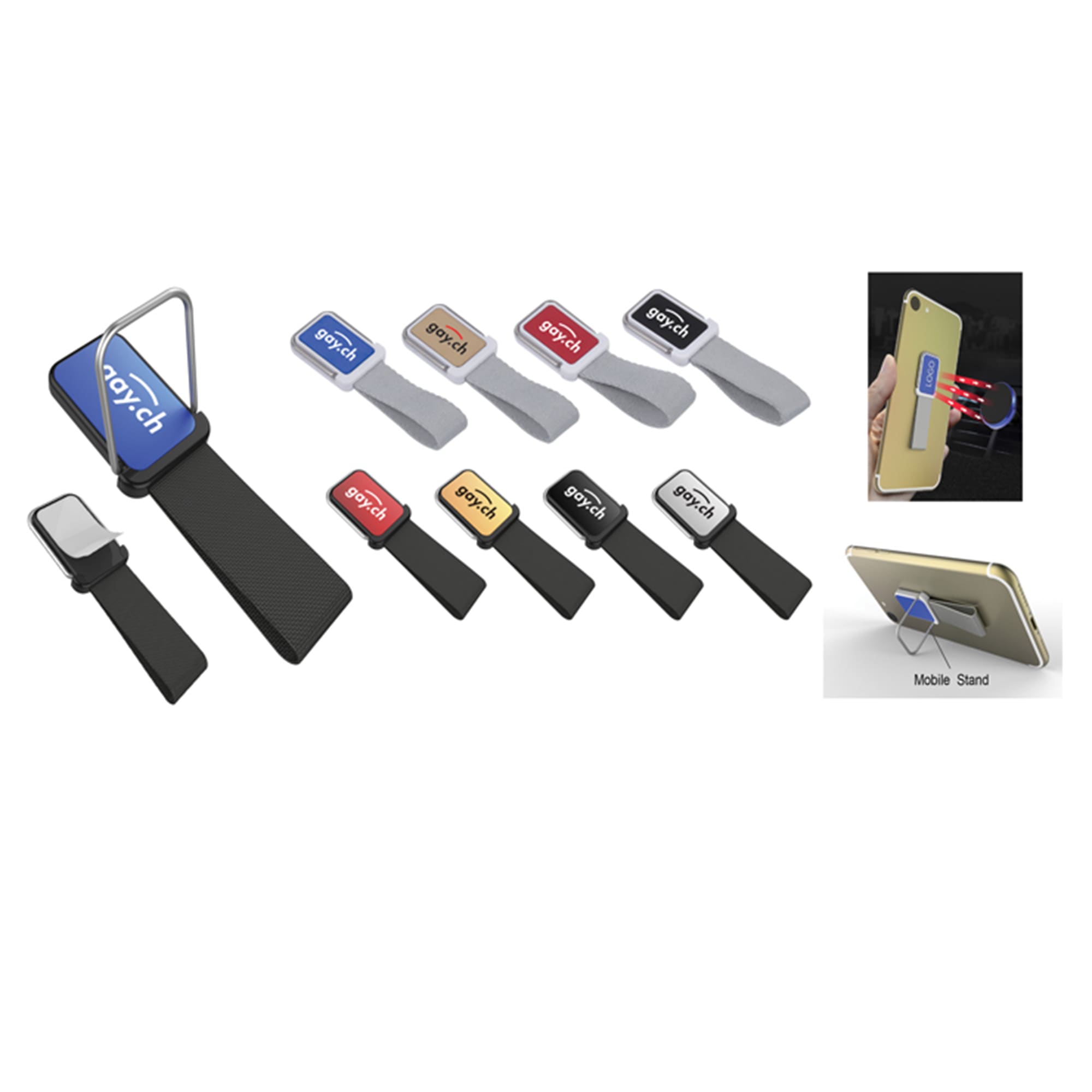 A range of mobile stands in various colours, featuring a silver bracket and fabric straps in multiple hues. Mobile Stand - Image 1
