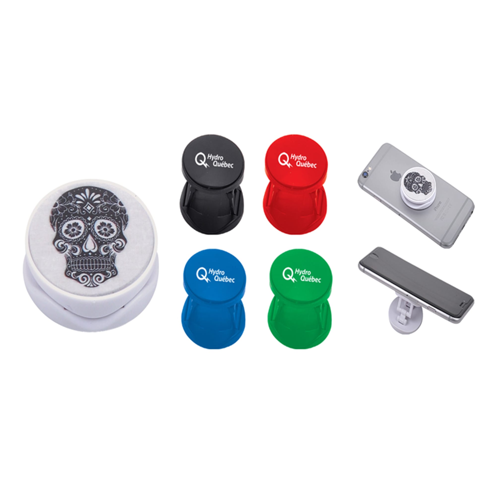 Mobile phone stands in various colours, including black, red, green, and blue, featuring a decorative skull design. Mobile Stand - Image 1