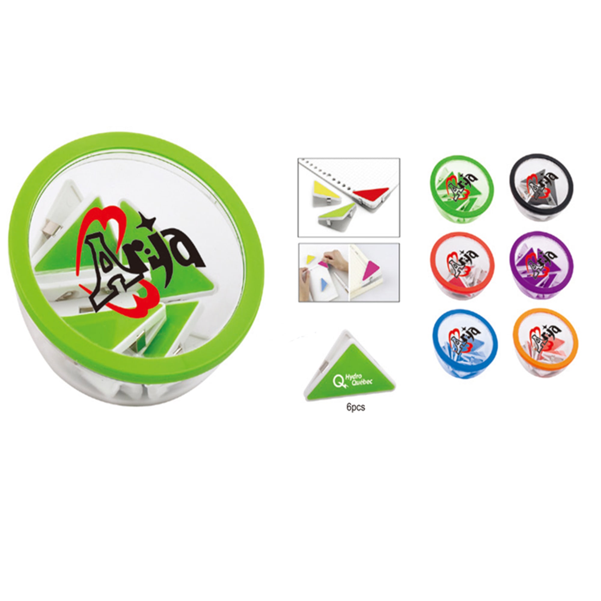 A container with six plastic clips in various colours: green, red, blue, purple, orange, and black. It includes a logo. Plastic Clips Container and Phone Stand - Image 1