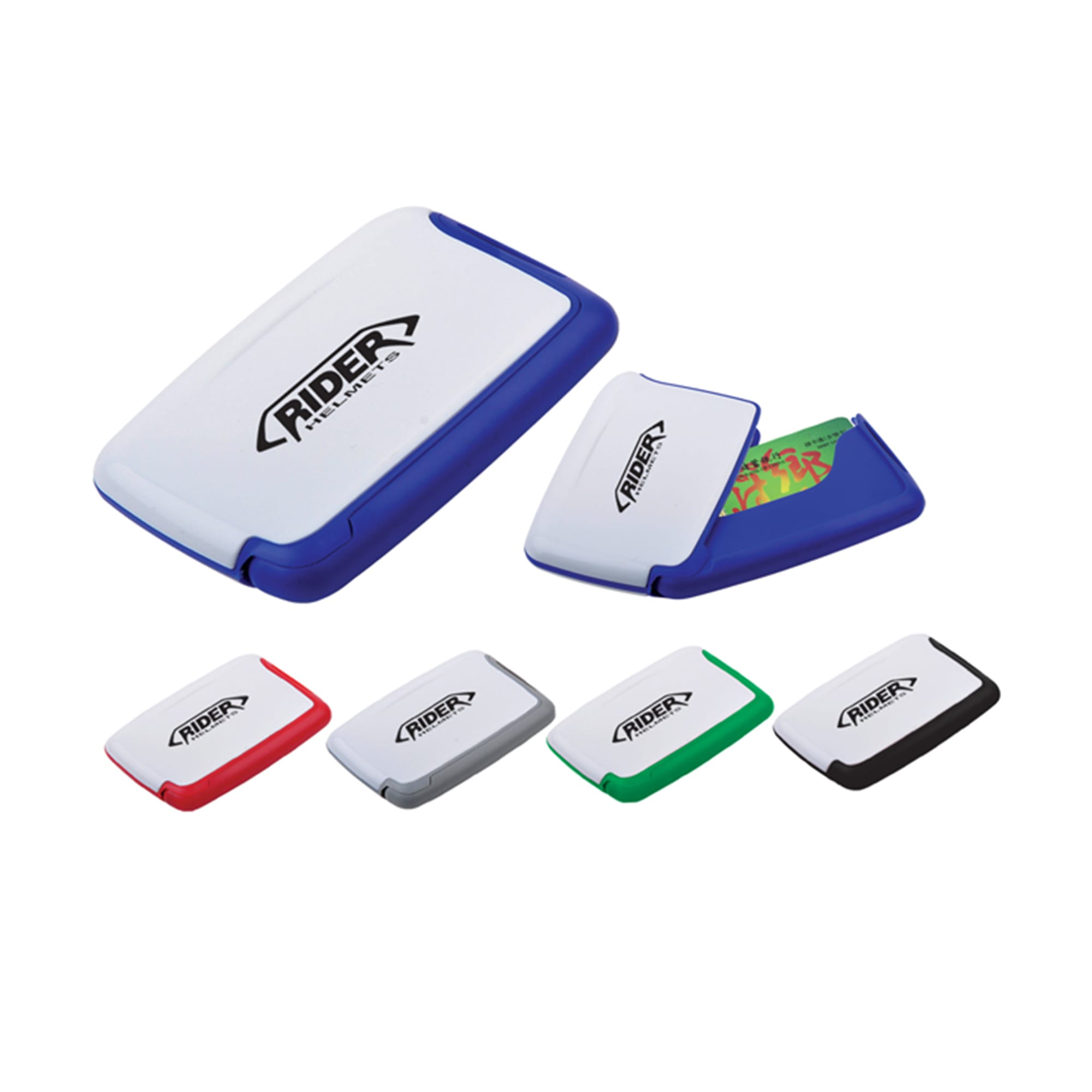 A selection of business card holders in various colours, including white, blue, red, green, and black, featuring a logo. Card Holder - Image 1