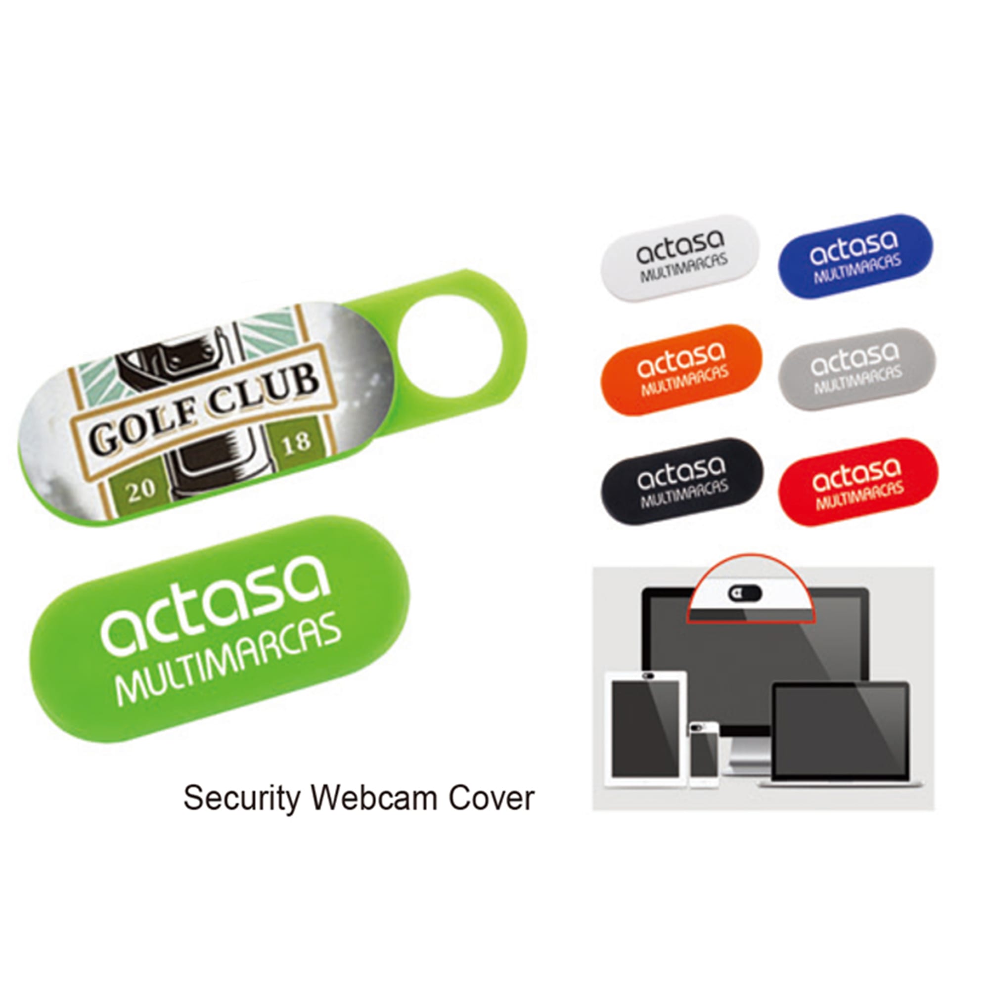 A collection of webcam covers in green, blue, orange, red, and grey, featuring logos and various designs. Webcam Cover - Image 1