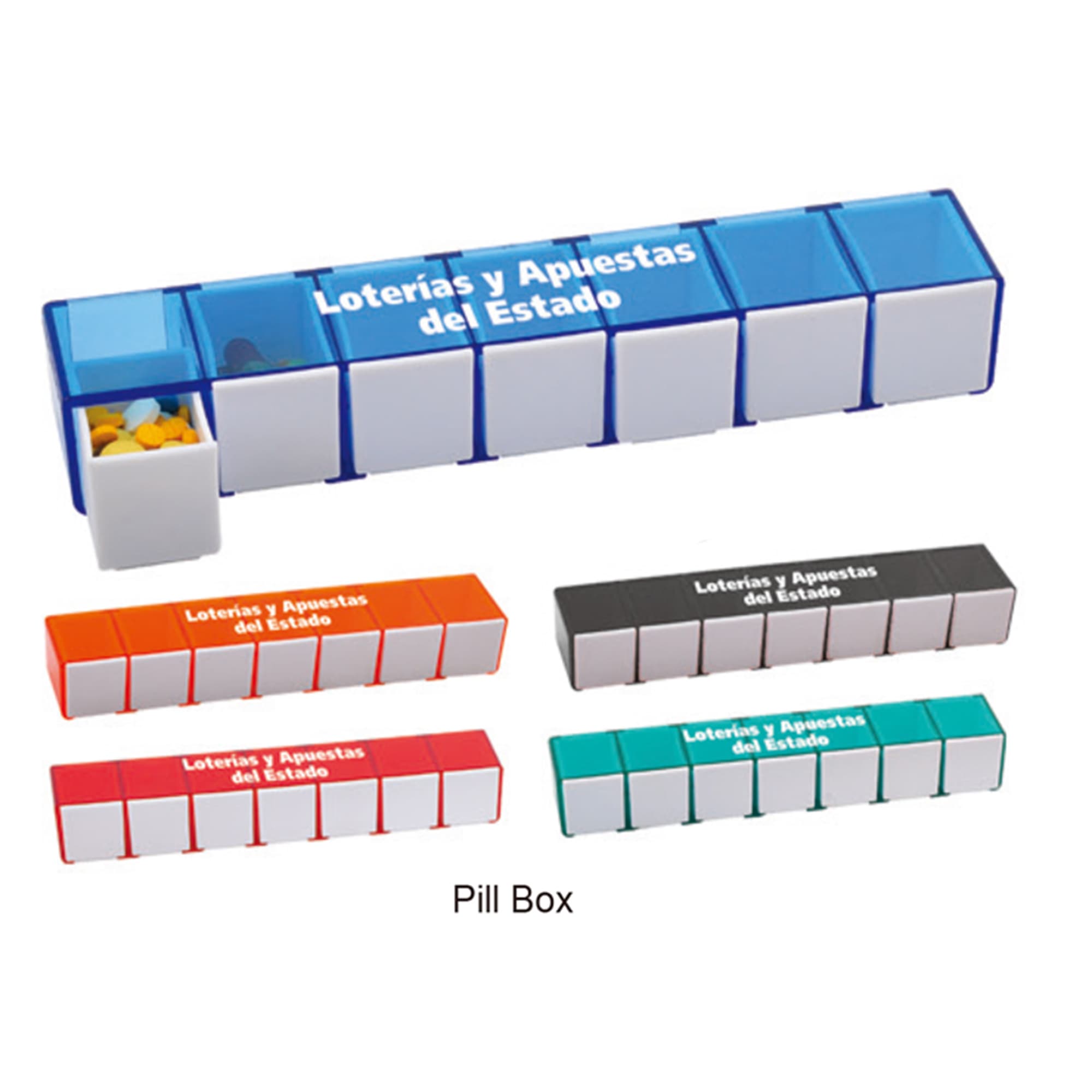 A blue 7-day pill box with separate compartments, accompanied by orange, green, and black versions in the background. 7 Day Pill Box - Image 1