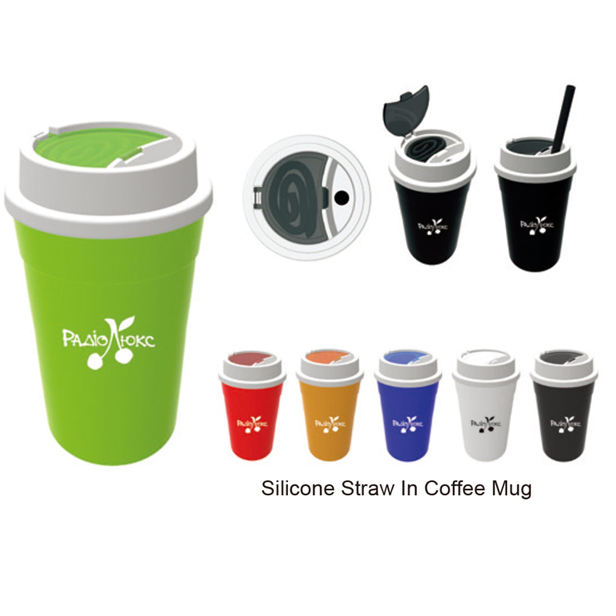A drink bottle in green, with a silicone straw, featuring a lid and a logo. Additional mugs in various colours are included. Cup - Image 1