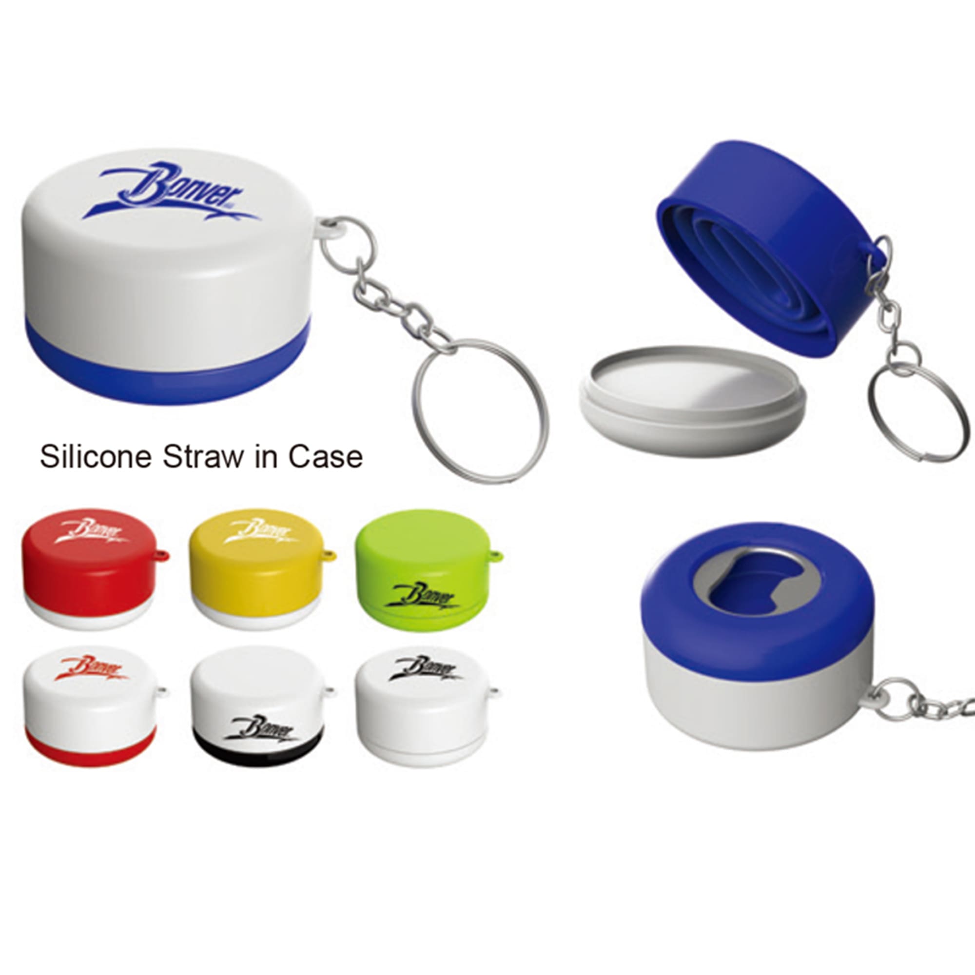 A collection of silicone straws in various colours, each housed in a compact case with a keychain attachment. Straw Set - Image 1