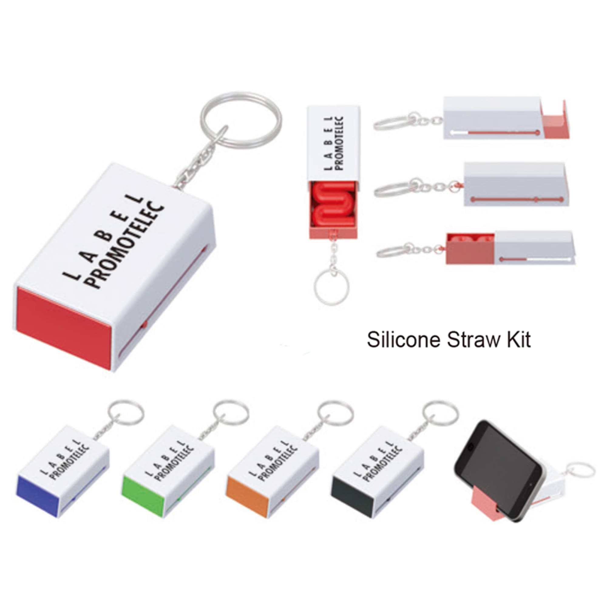 A silicone straw set in various colours with a keychain holder, featuring a branded logo. Straw Set - Image 1