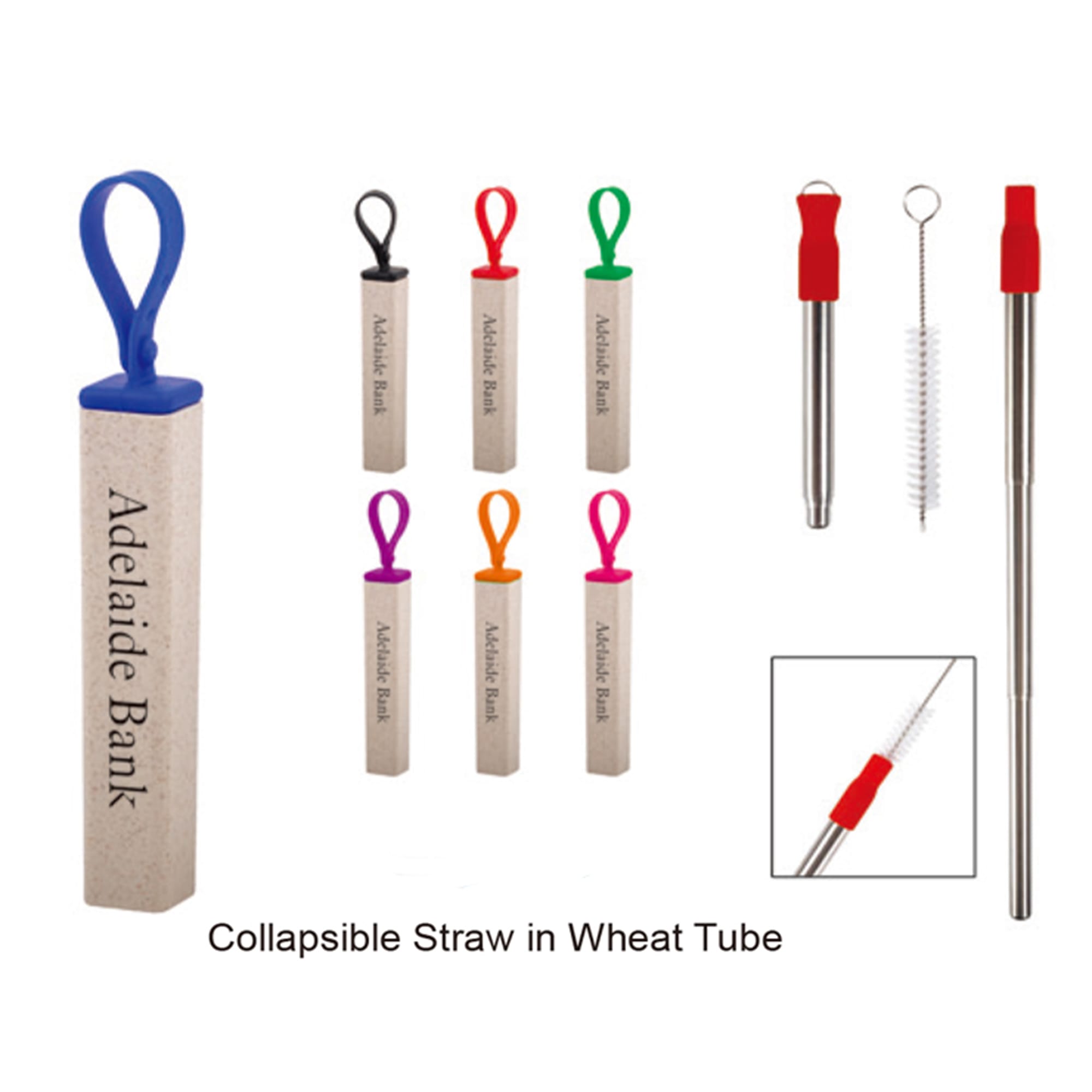 A collapsible straw set in a wheat tube, featuring colourful straws and a cleaning brush. Includes a logo. Straw Set - Image 1