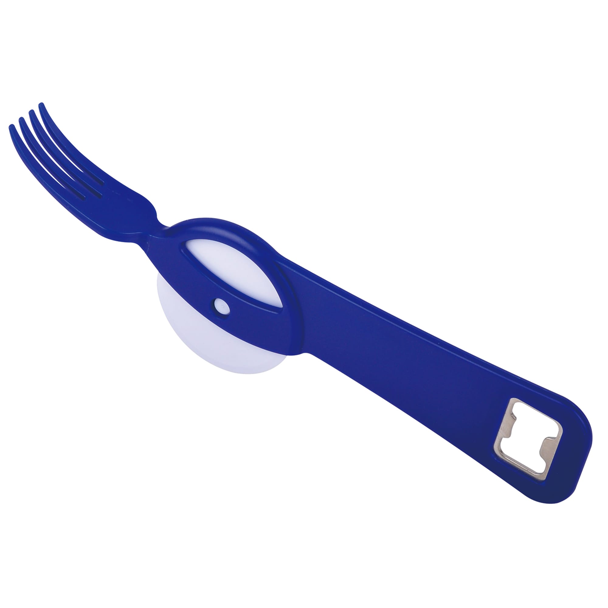 A blue pizza cutter with a fork-like handle and a built-in bottle opener. The product features a logo. Pizza Cutter With Bottle Opener - Image 1