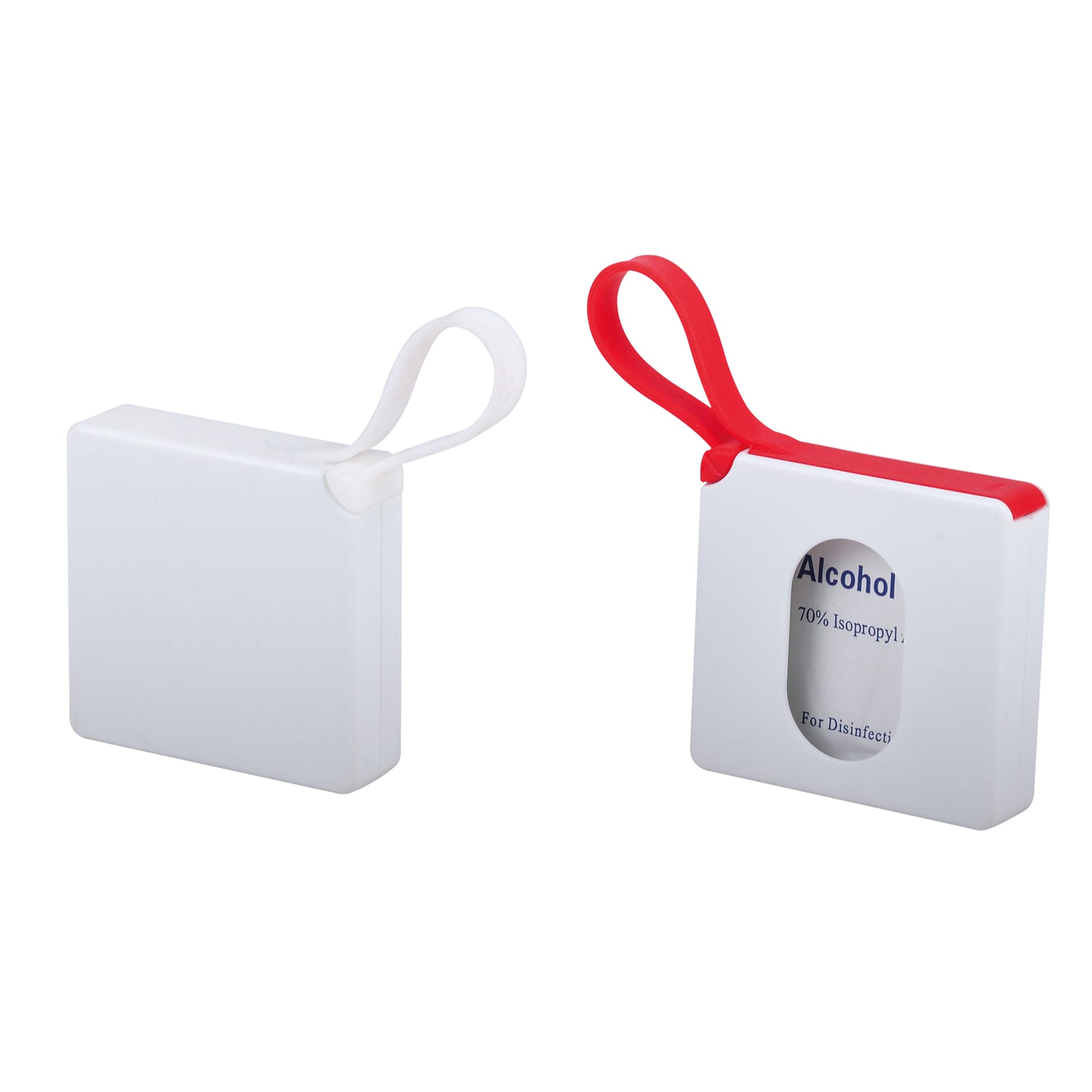A square white case with a red and white loop, containing alcohol pads for disinfection. It features a small logo. Alcohol Pad In Case - Image 1