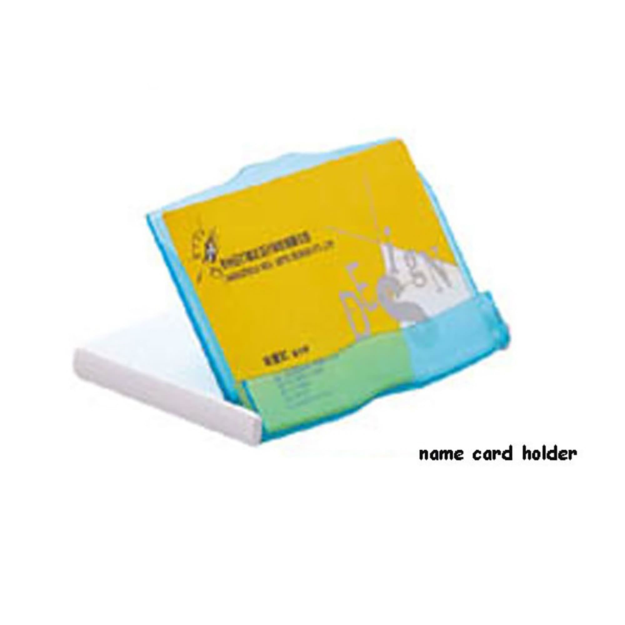 A transparent name card holder with a blue and green design, featuring a card slot for business cards. Name Card Holder - Image 1