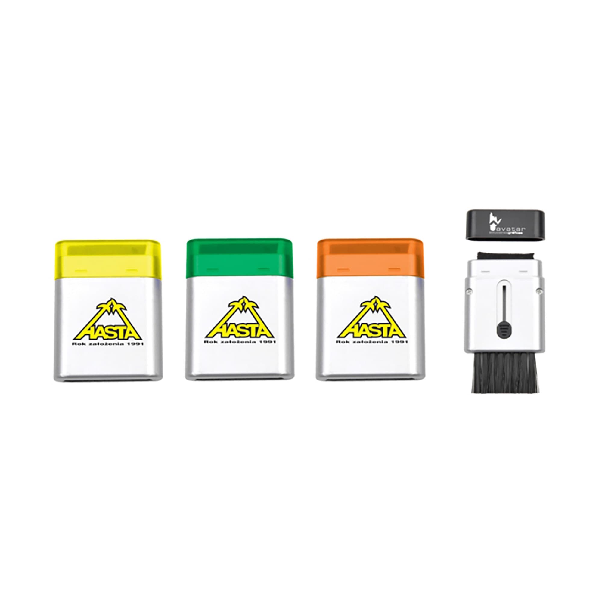 A set of three computer brushes in yellow, green, and orange with a silver body, featuring a black-bristle cleaning tool. Computer Brush - Image 1