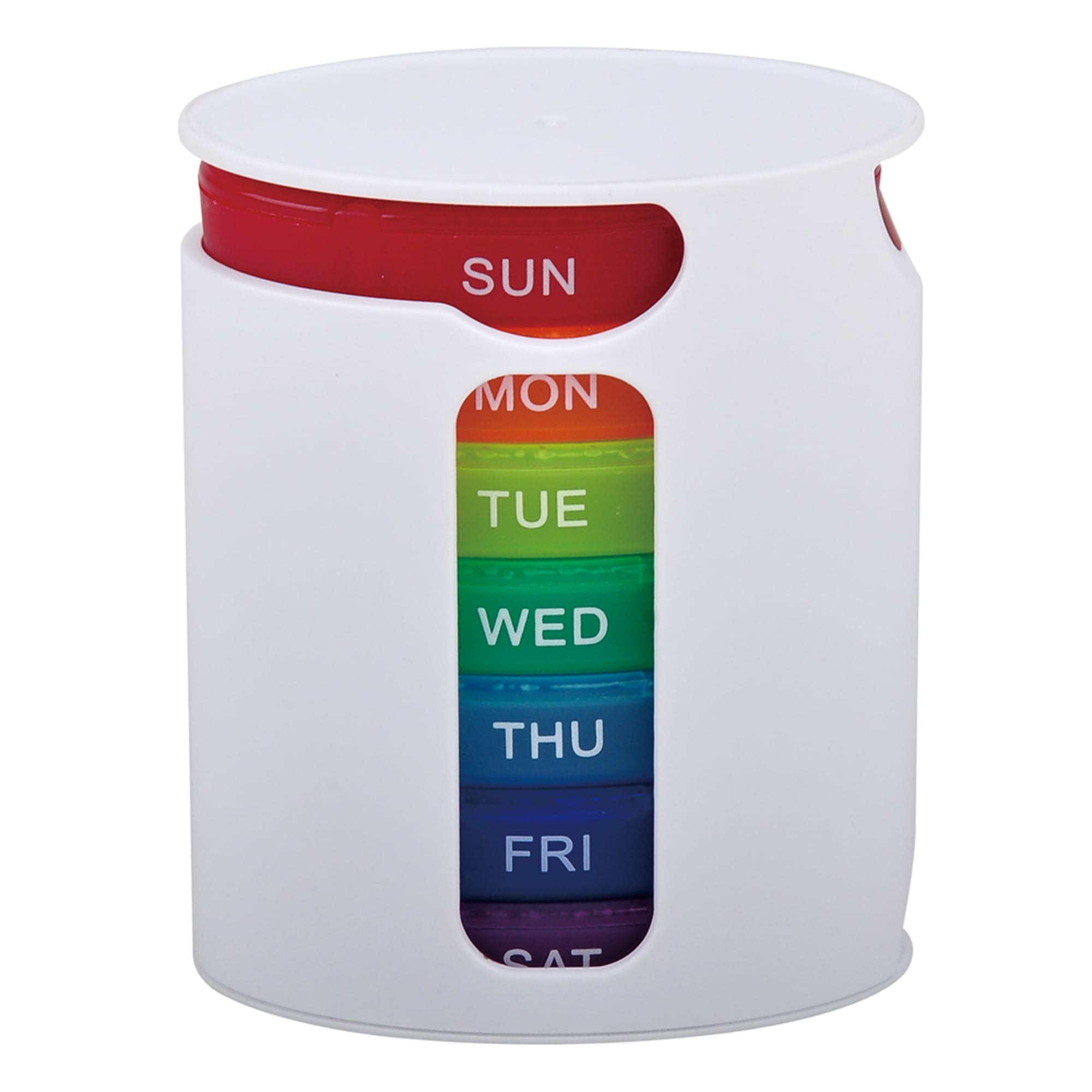 A white pill box with seven colourful compartments, labelled for each day of the week, featuring a circular design. 7 Days Pill Box - Image 1
