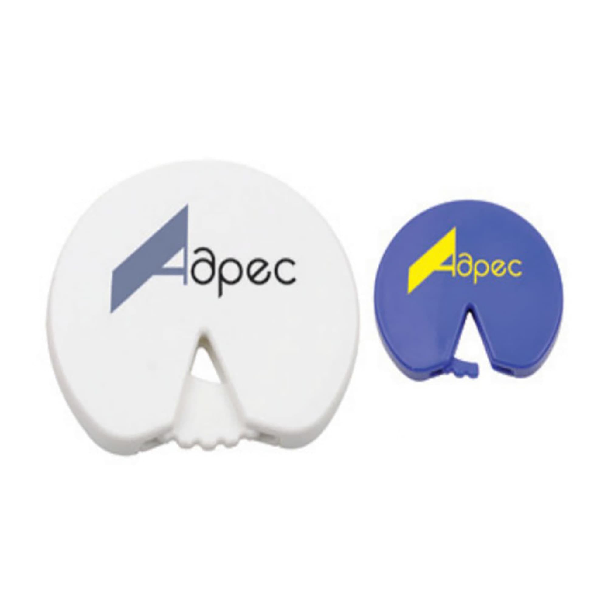 Two bag clips in white and blue, featuring logos, designed for sealing bags. Bag Clip - Image 1