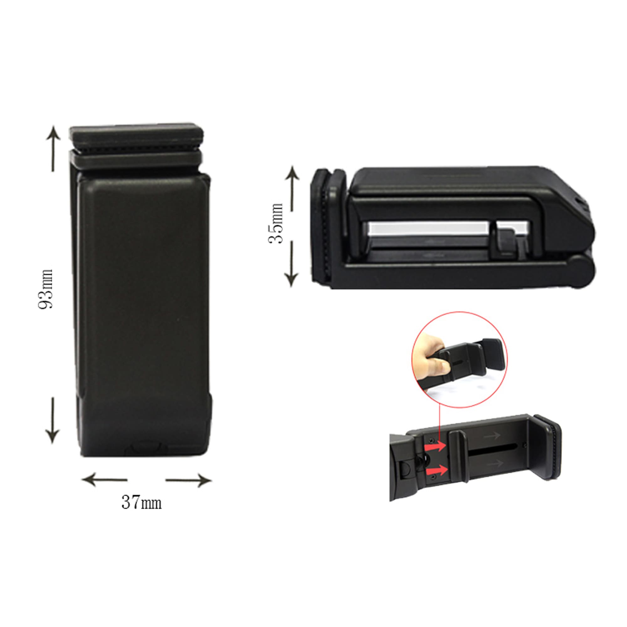 A compact black mobile stand with adjustable features, measuring 93mm by 37mm, and includes a branding logo. Mobile Stand - Image 1